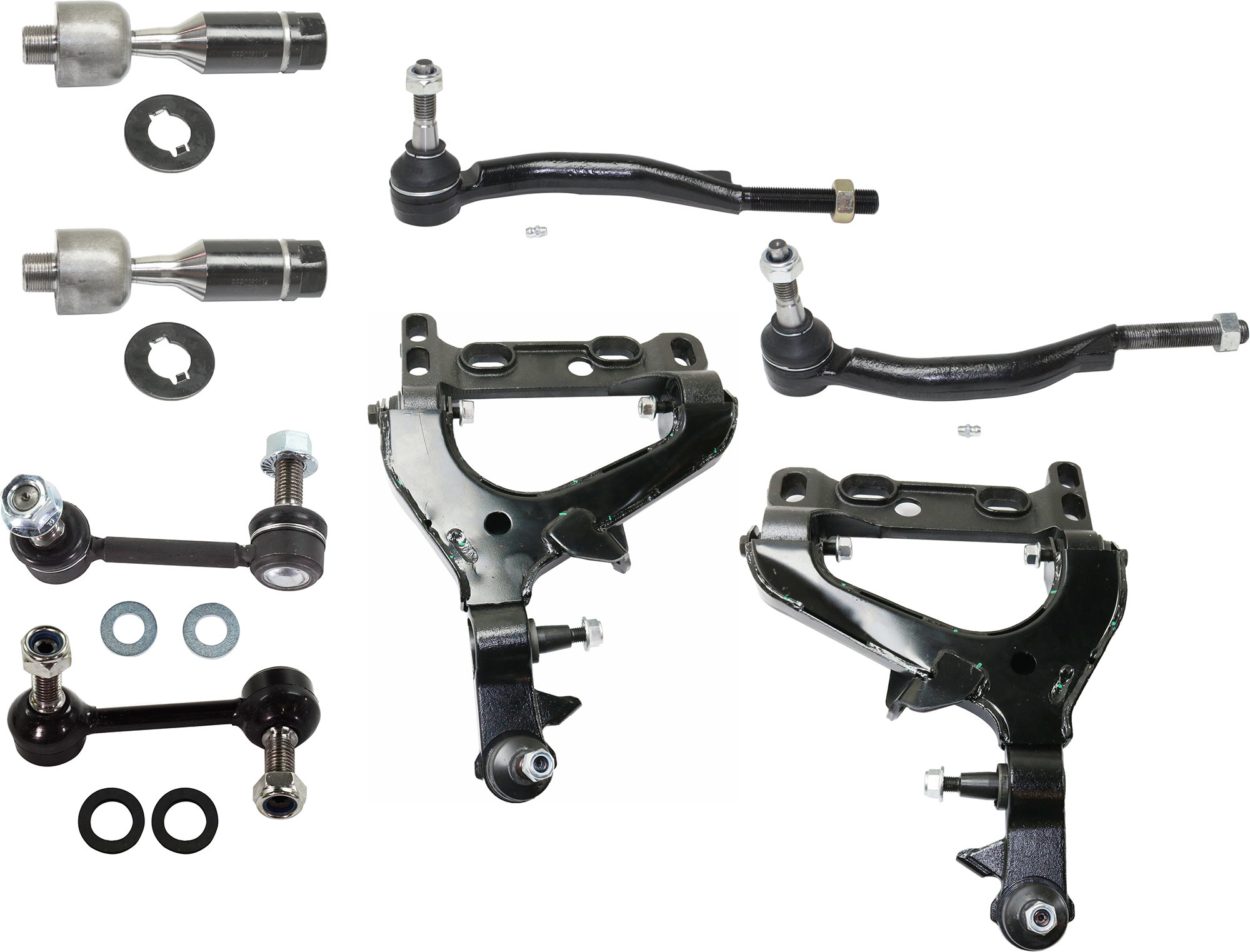 AM ENVOY TRAILBLAZER 04-07 ASCENDER 04-08 FRONT CONTROL ARM RH AND LH Lower 8 pc Kit with Sway Bar Link and Tie Rod End SKU KIT 070224 C82 OEM 19133555-19133556-1015631-1