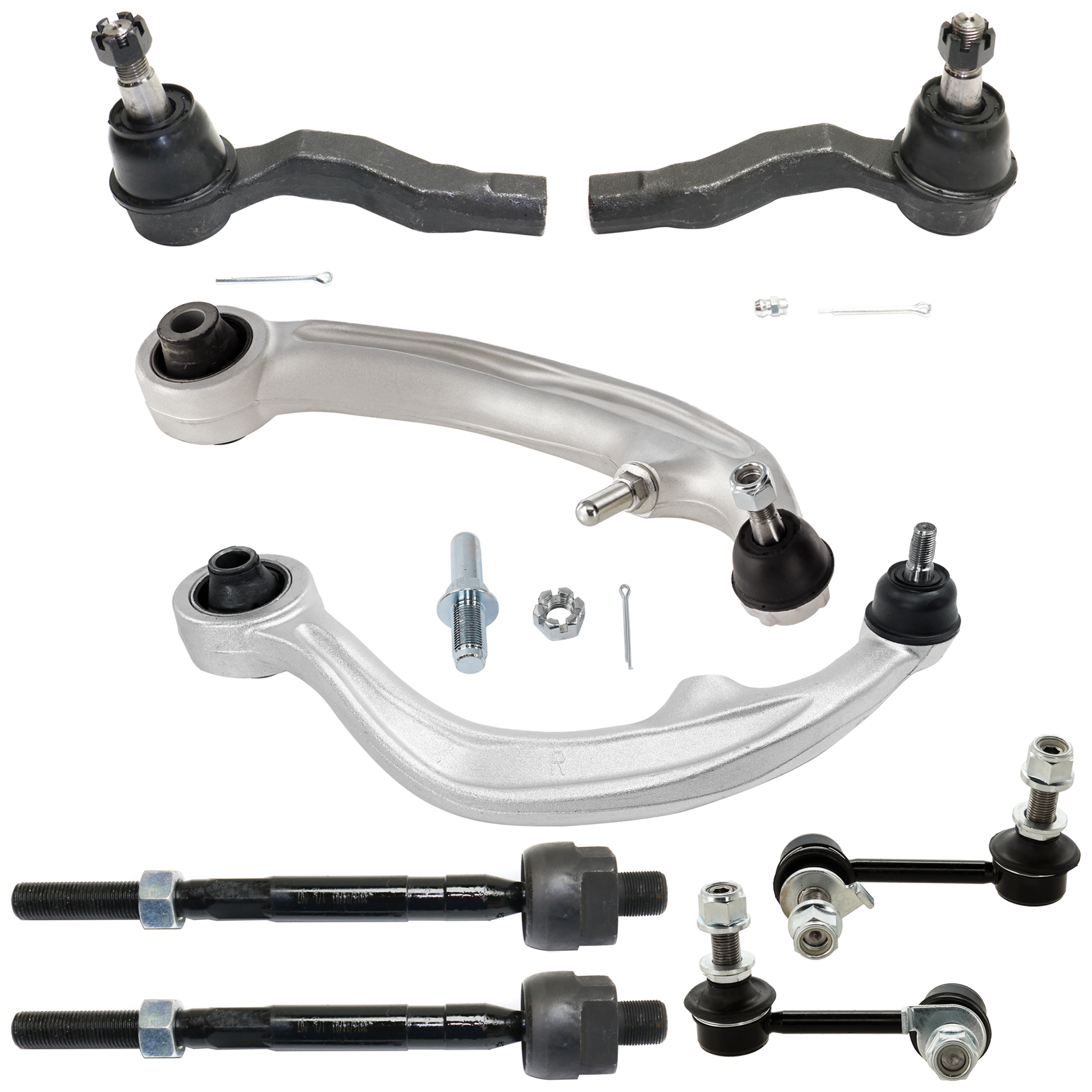 AM 350Z 03-09 FRONT CONTROL ARM RH AND LH Lower Rearward Arm 8 pc Kit with Sway Bar Link and Tie Rod End SKU KIT 070224 C97 OEM 54468CD00C 54469CD00C 54469A