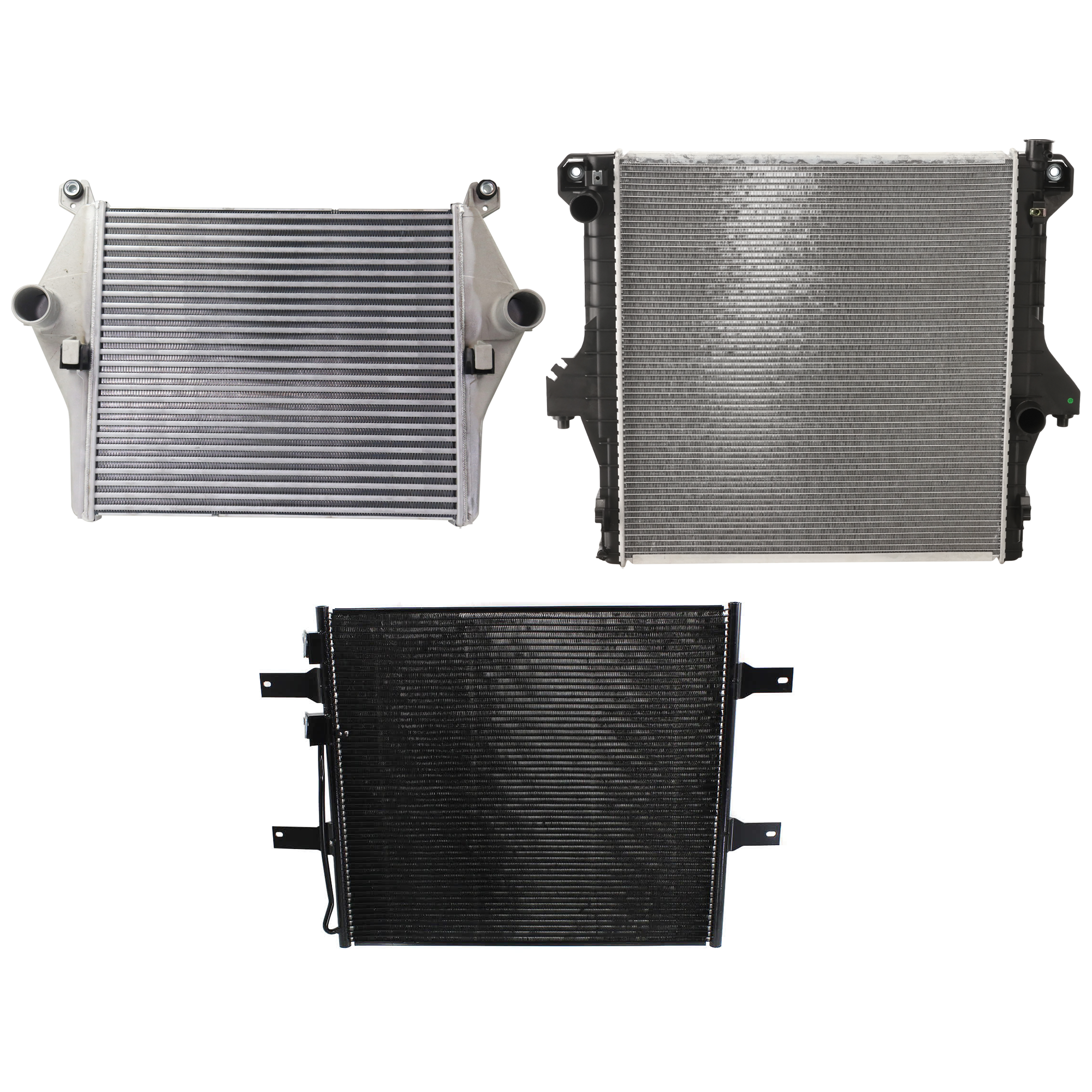 AM RAM 2500-3500 P U 07-07 RADIATOR 6 Cyl. 6.7L Eng. 3 pc Kit with A C Condenser and Intercooler SKU KIT 070325-18 Partslink CH3010304 CH3010359 CH3030239 CH3012100 OEM 52028900AG 55056816AA 55057095