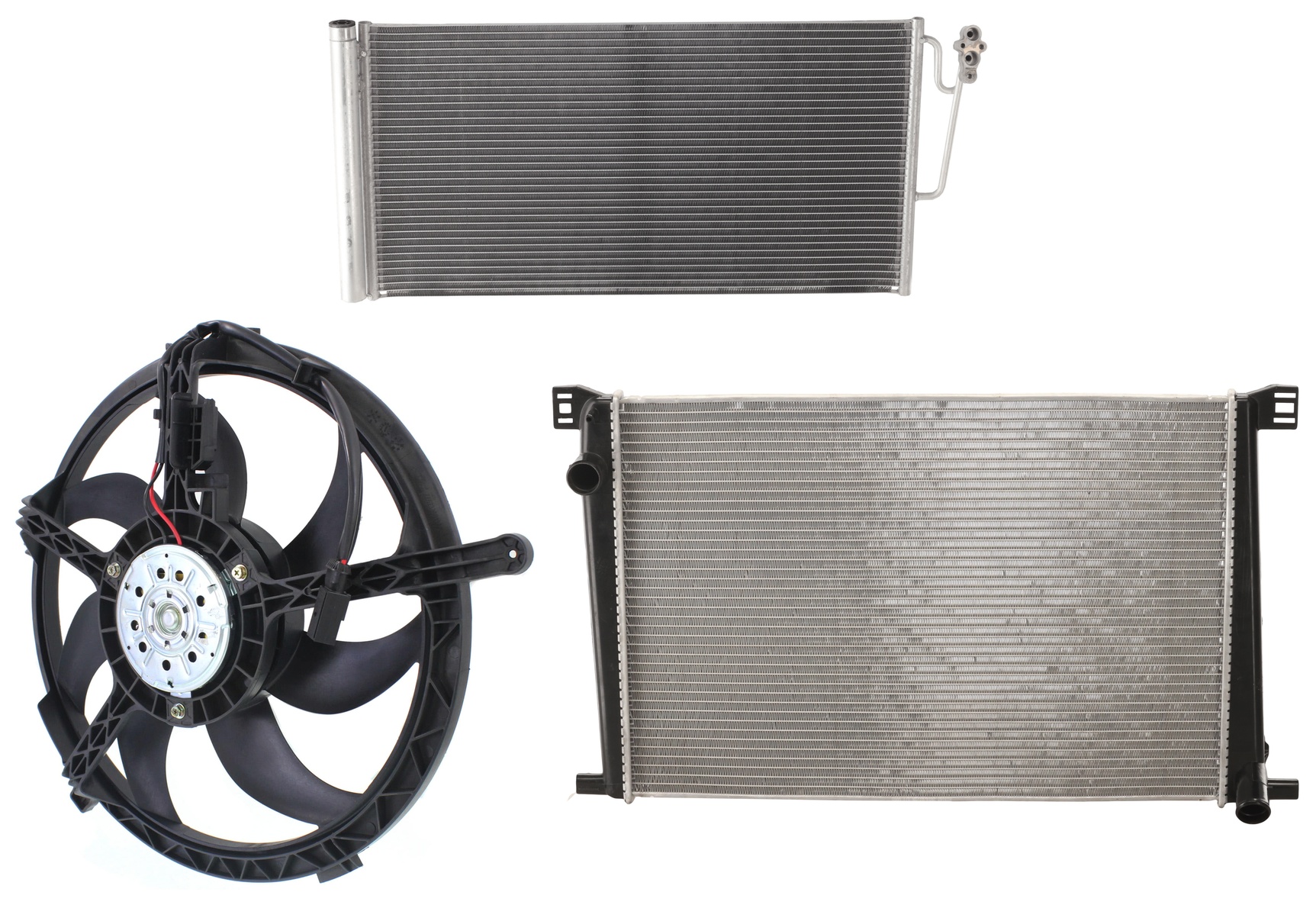 AM COOPER 09-10 COOPER COUNTRYMAN 11-16 RADIATOR 3 Piece Kit Plastic Tank Base Model with A C Condenser and Cooling Fan Assembly SKU KIT 070325-19 Partslink MC3010105 MC3030102 MC3115104 OEM 17118675266-64539239920-174227