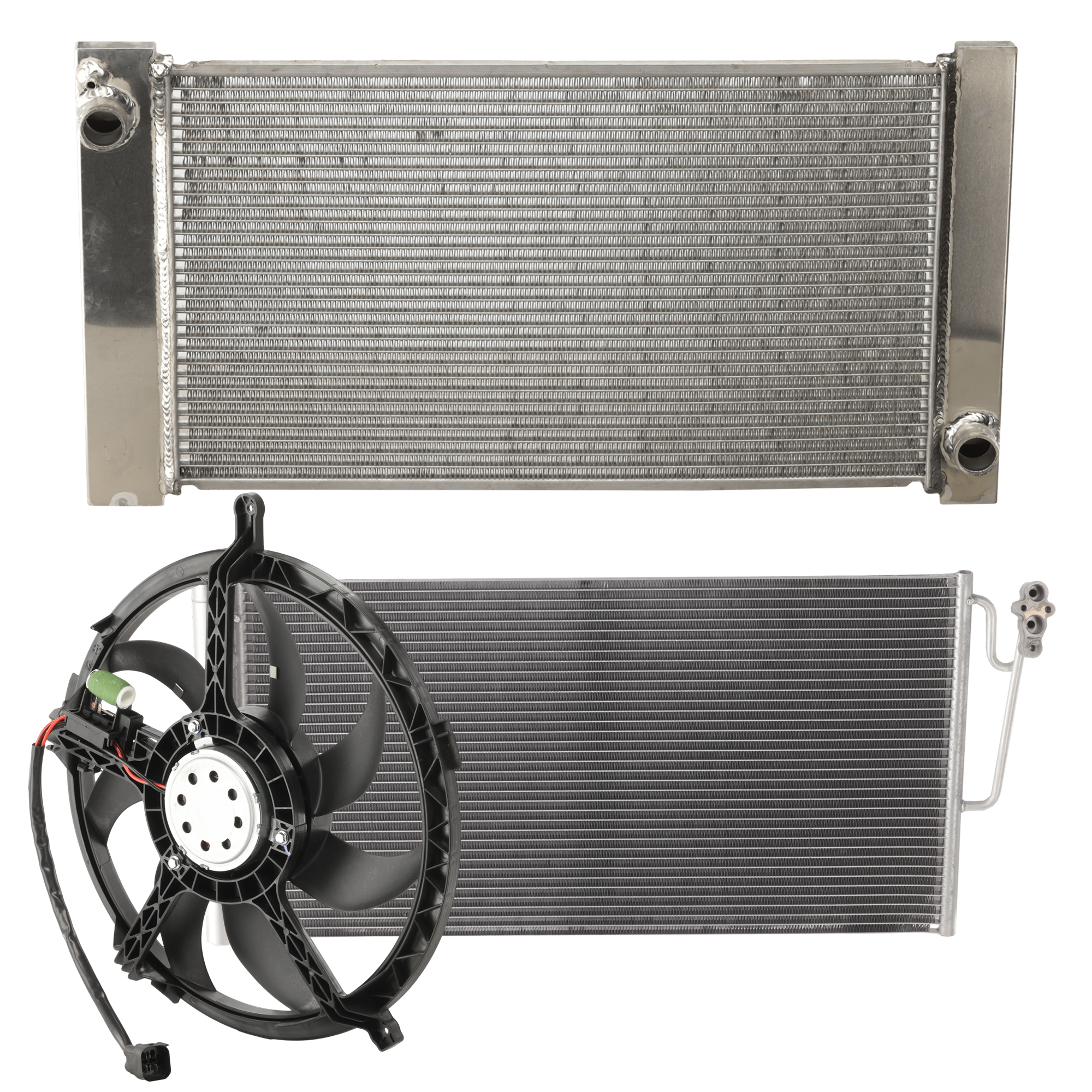AM COOPER 09-10 COOPER COUNTRYMAN 11-16 RADIATOR 3 Piece Kit Plastic Tank S JCW Models with A C Condenser and Cooling Fan Assembly SKU KIT 070325-20 Partslink MC3010104 MC3030102 MC3115103 OEM 17112751276-64539239920-174227