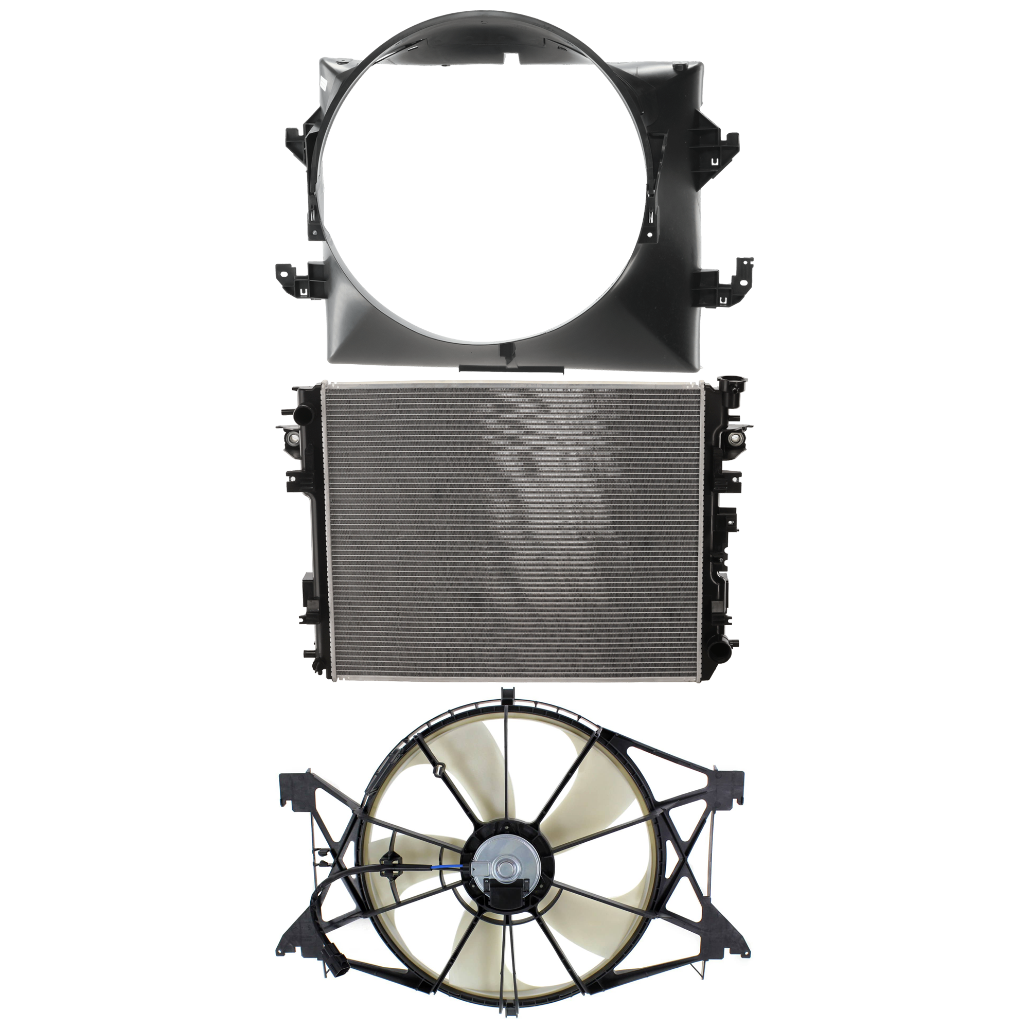 AM RAM FULL SIZE PICKUP 09-18 RADIATOR FAN ASSEMBLY 3 Piece Kit Plastic Tank Single Fan 4.7L 5.7L Eng. with Cooling Fan Assembly and Fan Shroud SKU KIT 070325-21 Partslink CH3010353 CH3010354 CH3115166 CH3110130 OEM 55056858AE 55056870AF 55056948