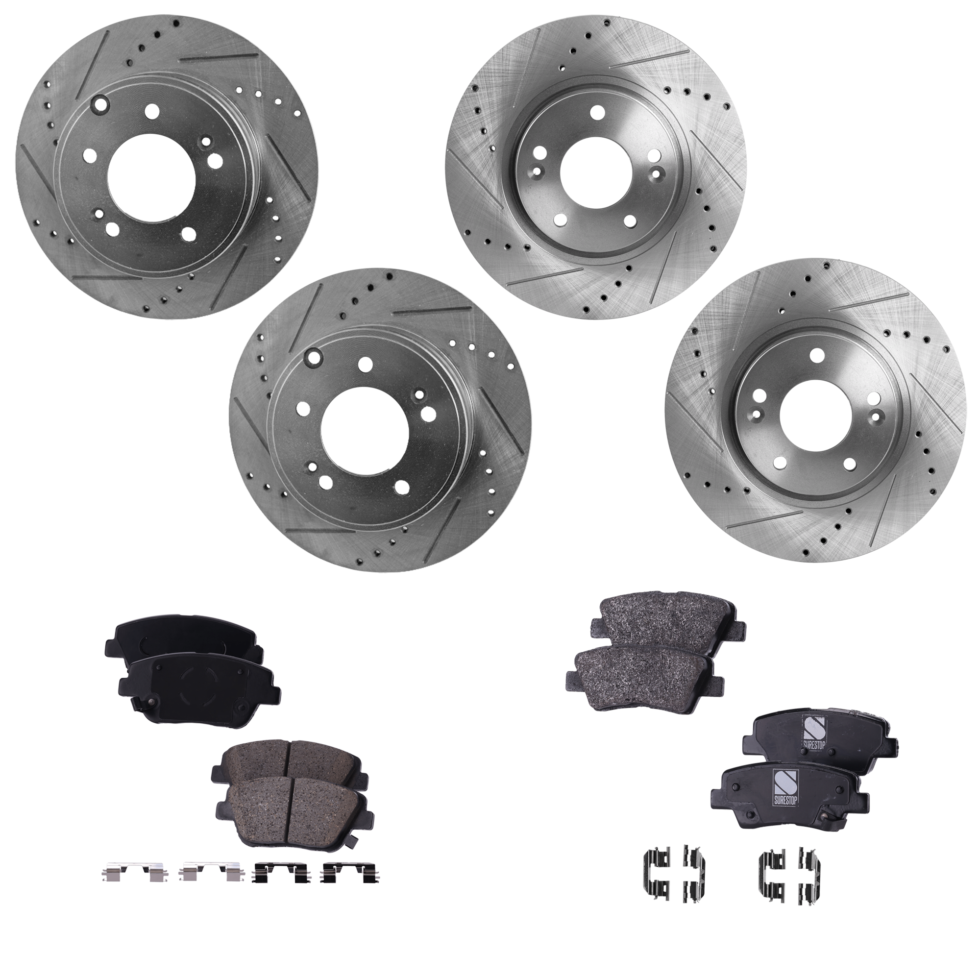 AM OPTIMA 11-16 SONATA 11-15 FRONT AND REAR BRAKE DISC AND PAD KIT 8 pc kit Cross drilled and Slotted SKU KIT 070422-01 OEM 31424-31586-44625-0833180-9804