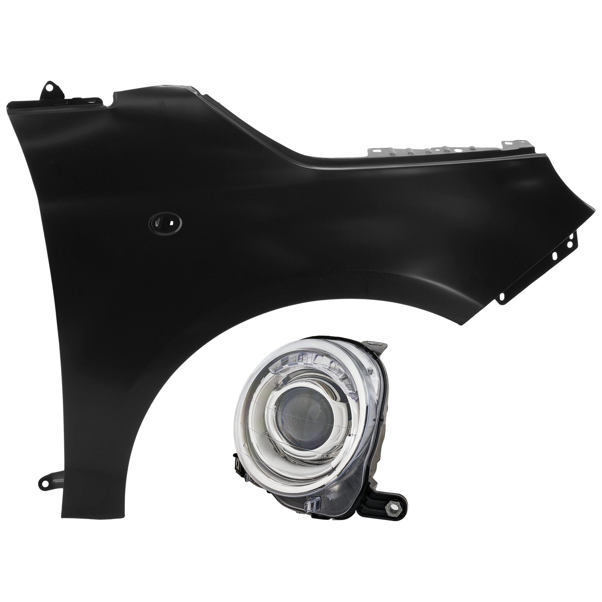 AM FIAT 500-12-19 PROJECTOR HEAD LAMP RH Assembly Halogen w o Black Trim with Fender CAPA SKU KIT 070426-118 Partslink FI2503100C FI1241100C OEM 5182428AE 68070508AC