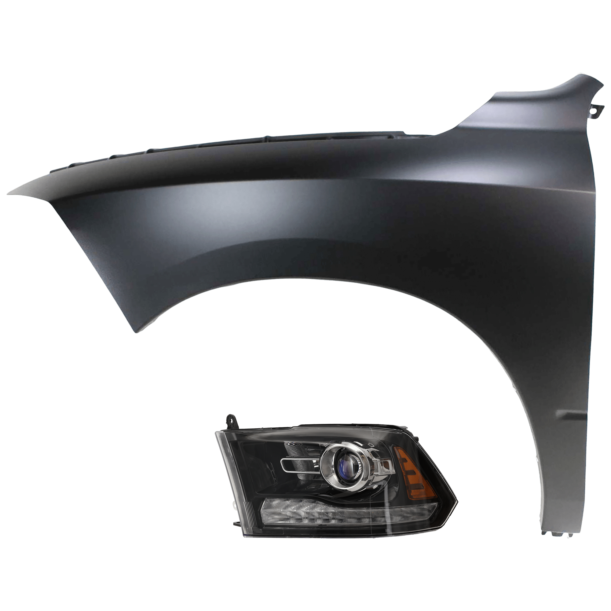 AM DODGE FULL SIZE PICKUP 13-14 PROJECTOR HEAD LAMP LH Assembly Halogen Black Interior with Fender SKU KIT 070426-160 Partslink CH2502245 CH1240269 OEM 68093221AB 68054339AJ 68054339