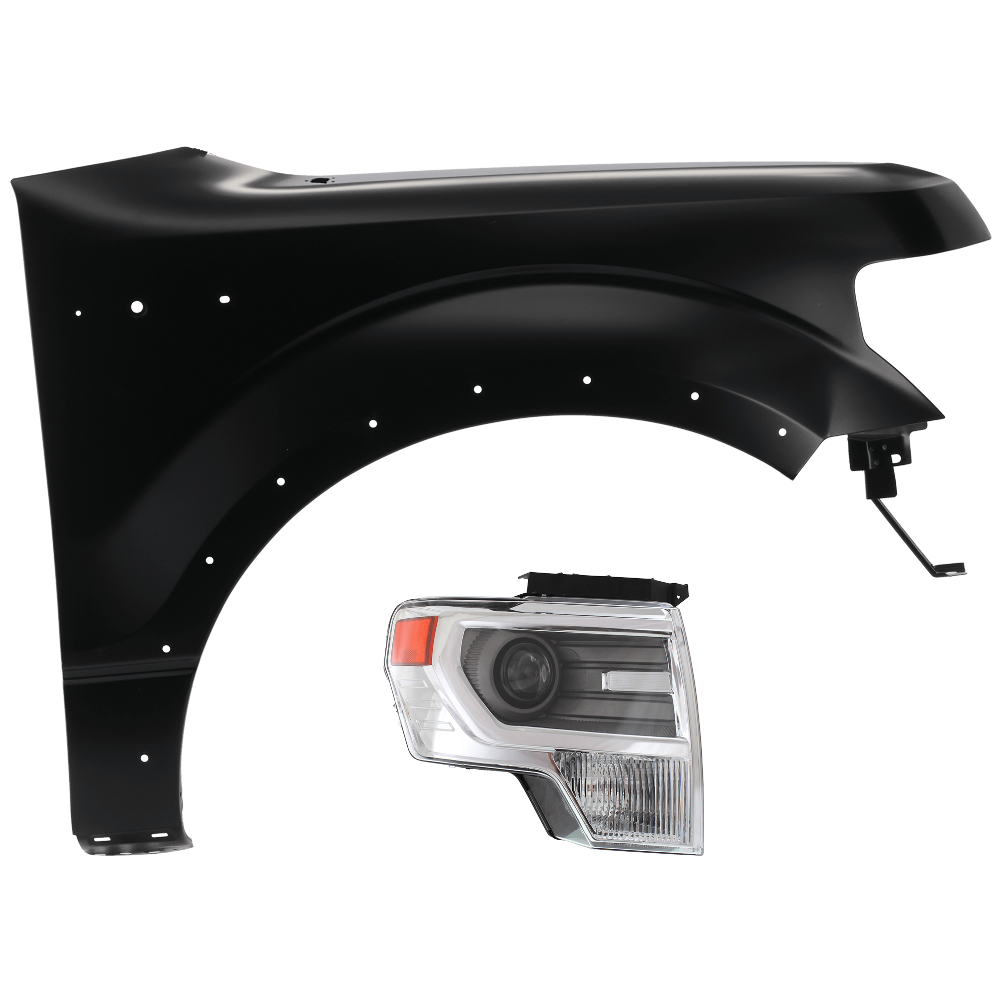 AM F 150-13-14 HEAD LAMP RH Lens and Housing HID Xenon w o HID Kit Chrome Interior with Fender CAPA SKU KIT 070426-196 Partslink FO2519120C FO1241273C OEM DL3Z13008AB CL3Z16005B
