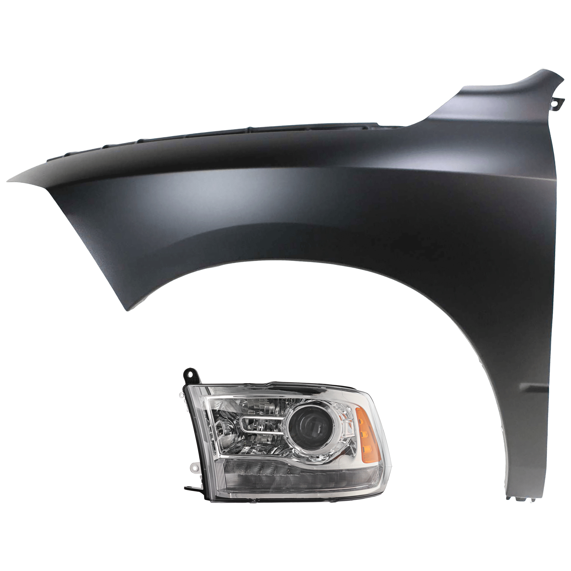 AM RAM FULL SIZE PICKUP 13-15 PROJECTOR HEAD LAMP LH Assembly Halogen Chrome Interior with Fender SKU KIT 070426-222 Partslink CH2502244 CH1240269 OEM 68093217AD 68093217AB 68054339