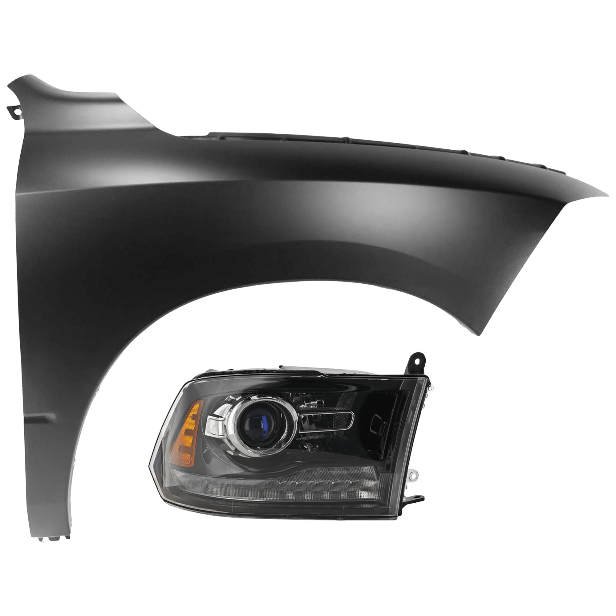 AM RAM FULL SIZE PICKUP 13-14 PROJECTOR HEAD LAMP RH Assembly Halogen Black Interior with Fender CAPA SKU KIT 070426-224 Partslink CH2503245C CH1241269C OEM 68093220AB 68054338AJ 68054338