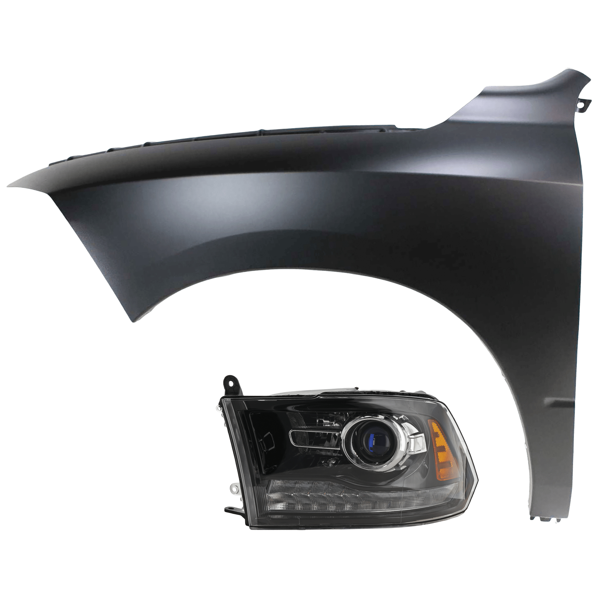 AM RAM FULL SIZE PICKUP 13-14 PROJECTOR HEAD LAMP LH Assembly Halogen Black Interior with Fender CAPA SKU KIT 070426-225 Partslink CH2502245C CH1240269C OEM 68093221AB 68054339AJ 68054339