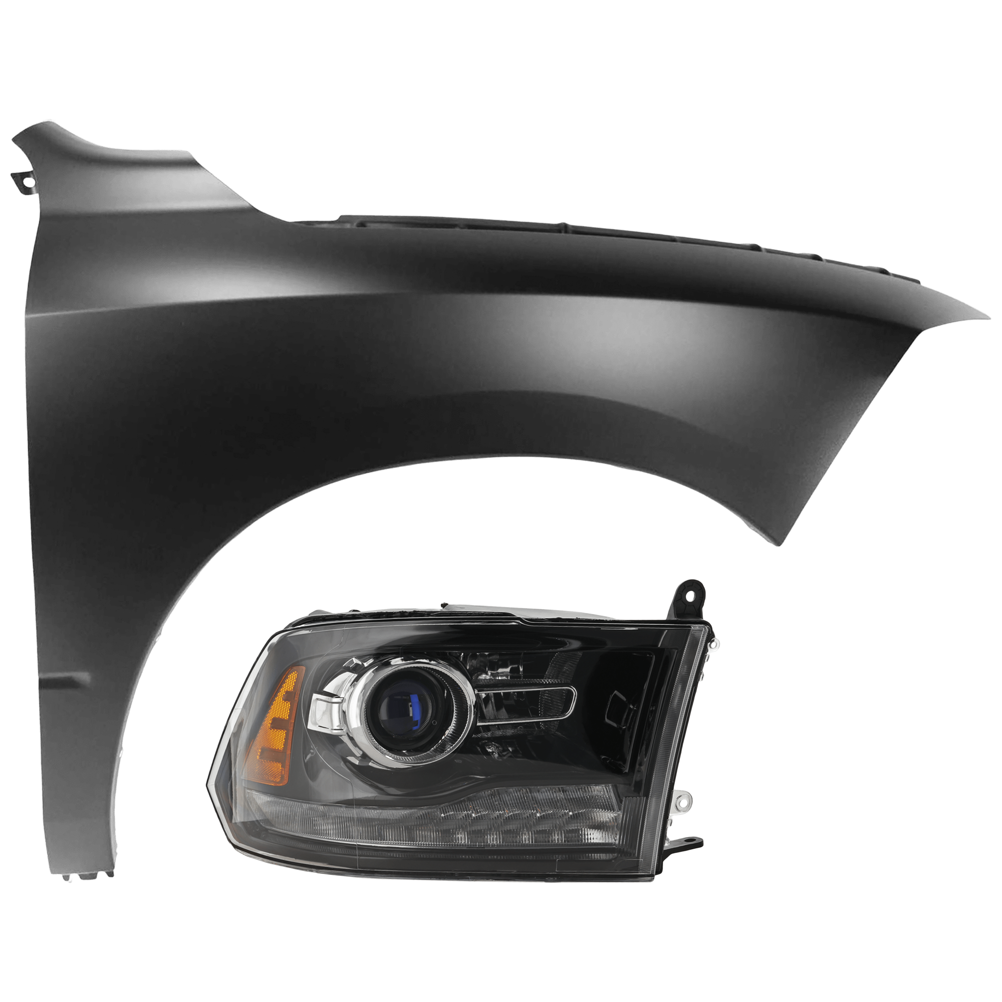 AM RAM FULL SIZE PICKUP 13-14 PROJECTOR HEAD LAMP RH Assembly Halogen Black Interior with Fender SKU KIT 070426-92 Partslink CH2503245 CH1241269 OEM 68093220AB 68054338AJ 68054338