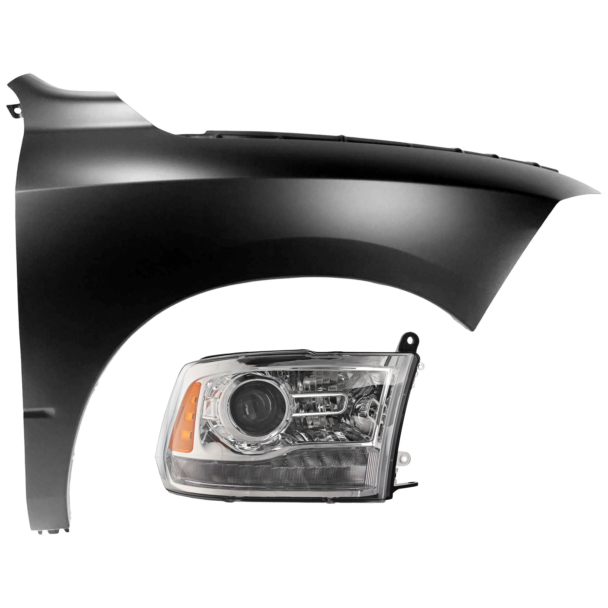 AM RAM FULL SIZE PICKUP 13-15 PROJECTOR HEAD LAMP RH Assembly Halogen Chrome Interior with Fender SKU KIT 070426-93 Partslink CH2503244 CH1241269 OEM 68093216AD 68093216AB 68054338