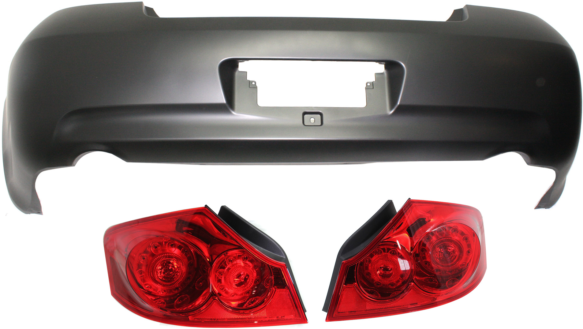 AM G35-07-08 G37-09-09 REAR BUMPER COVER 3 pc Kit with Tail Lights Sedan SKU KIT 070517-11 Partslink IN1100126 IN2801118 IN2800118 OEM 85022JK00H 26550JK60D 26555JK6