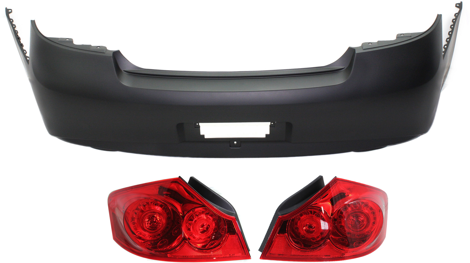 AM G37-10-13 Q40-15-15 REAR BUMPER COVER 3 pc Kit with Tail Lights w o Premium Pkg G25 Base Journey Model Sedan SKU KIT 070517-14 Partslink IN1100139 IN2801118 IN2800118 OEM HEM221NF0H 26550JK60D 26555JK6