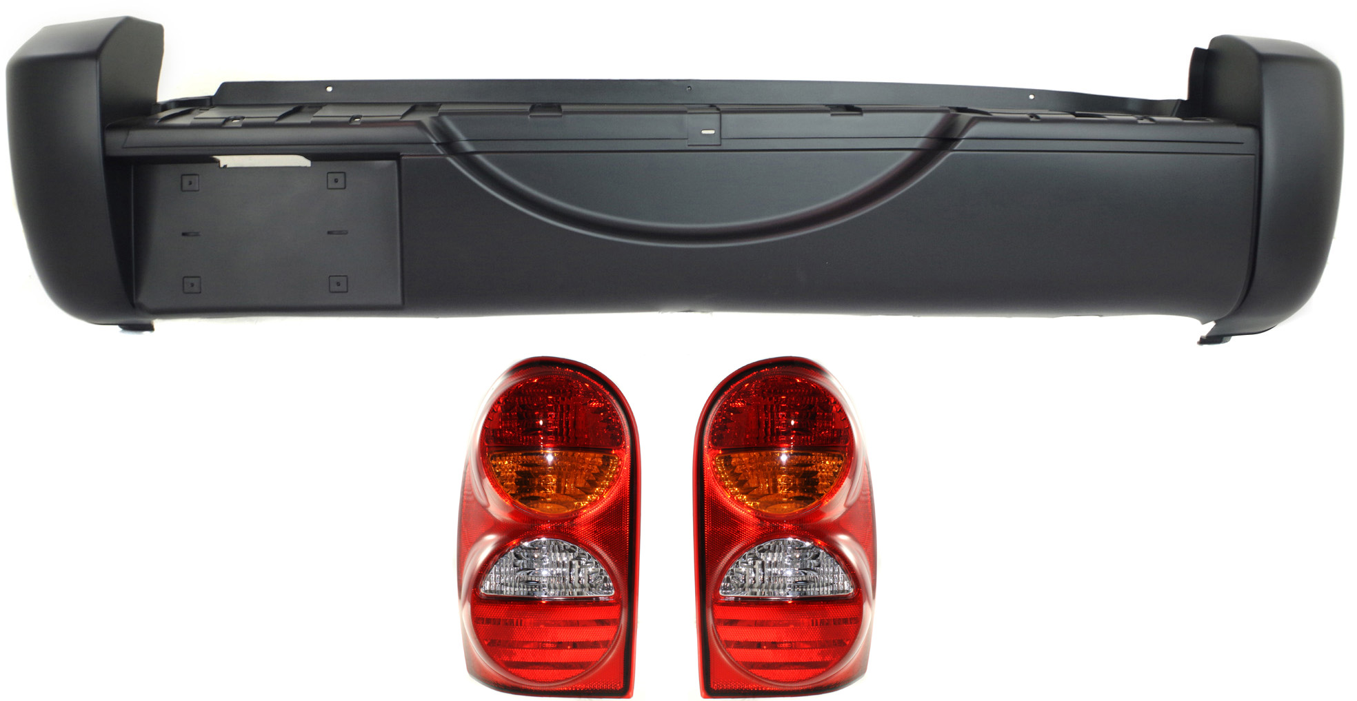 AM LIBERTY 02-04 REAR BUMPER COVER 3 pc Kit with Tail Lights SKU KIT 070517-91 Partslink CH1100406 CH2801149 CH2800149 OEM 5066317AF 55155828AH 55155829A