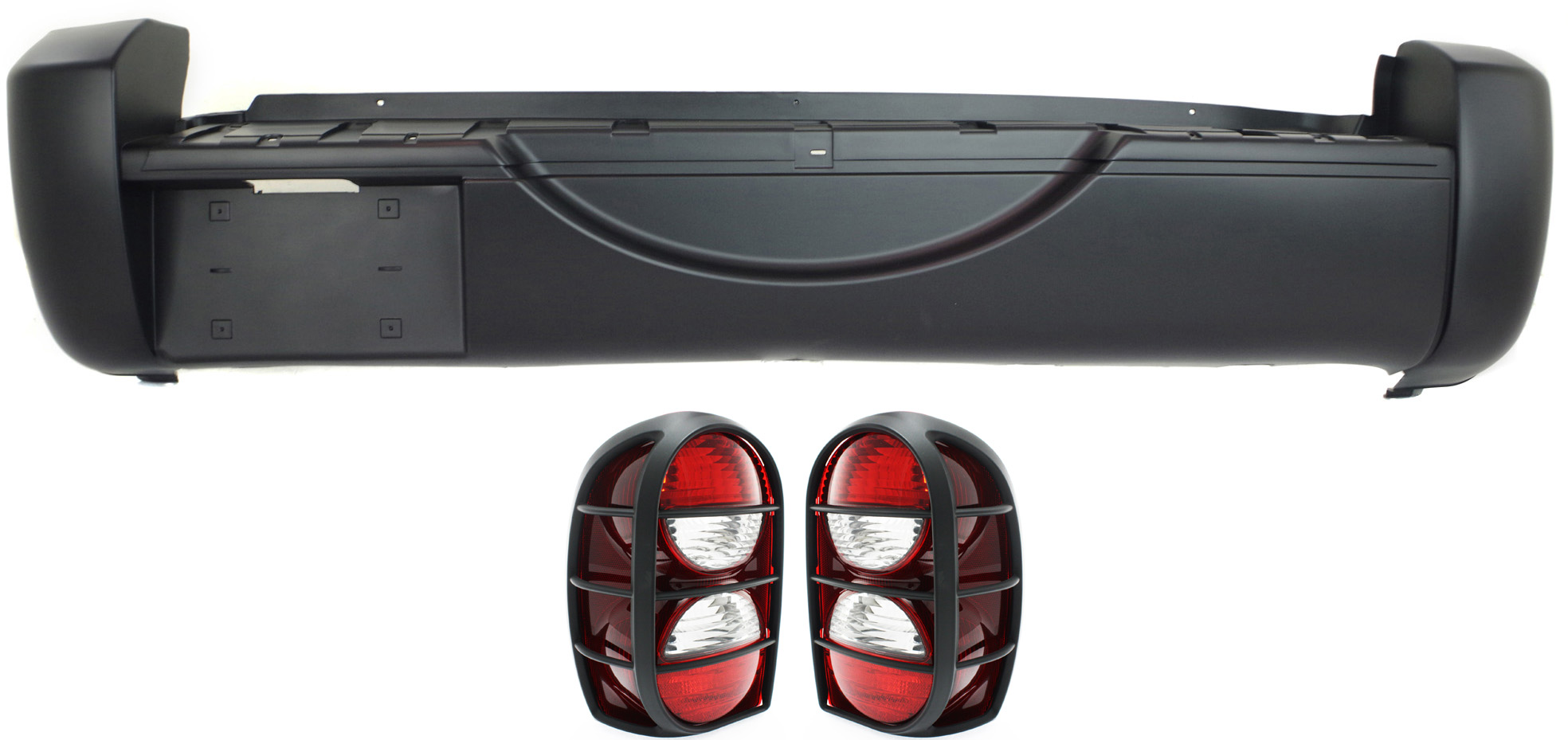 AM LIBERTY 05-07 TAIL LAMP RH AND LH Lens and Housing Halogen 3 pc Kit with Bumper Cover SKU KIT 070517-92 Partslink CH2800160 CH2801160 CH1100406 OEM 5KJ41RXFAE 5KJ40RXFAE 5066317A