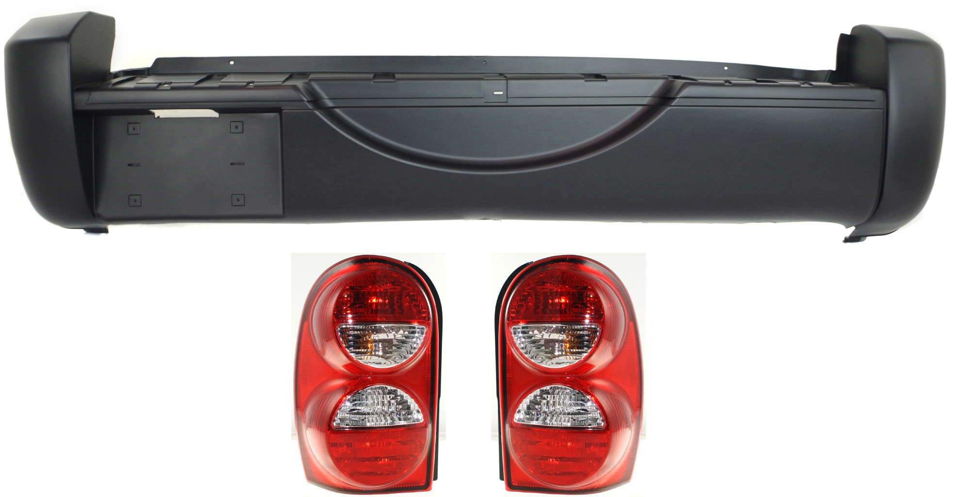 AM LIBERTY 05-07 REAR BUMPER COVER Primed 3 pc Kit with Tail Lights SKU KIT 070517-93 Partslink CH1100406 CH2801158 CH2800158 OEM 5066317AF 55157060AG 55157061A