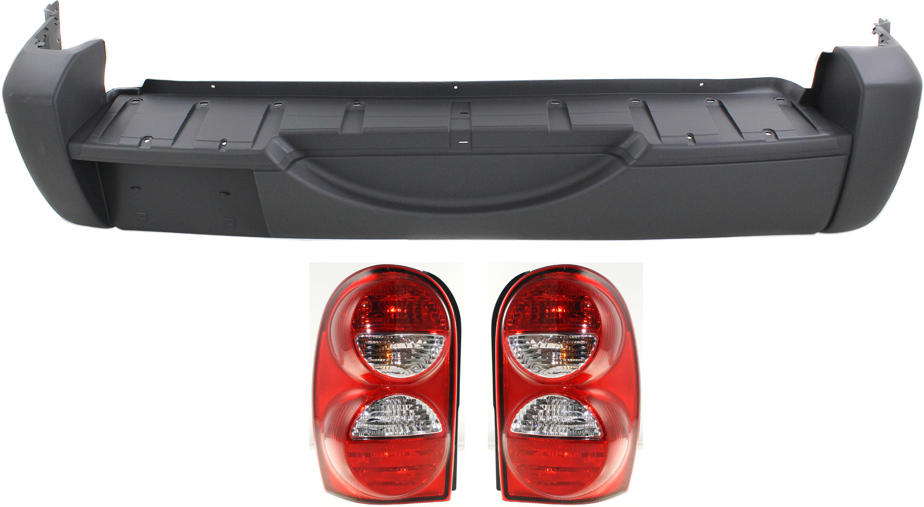 AM LIBERTY 05-07 REAR BUMPER COVER Textured 3 pc Kit with Tail Lights SKU KIT 070517-95 Partslink CH1100405 CH2801158 CH2800158 OEM 5GJ58BDLAE 55157060AG 55157061