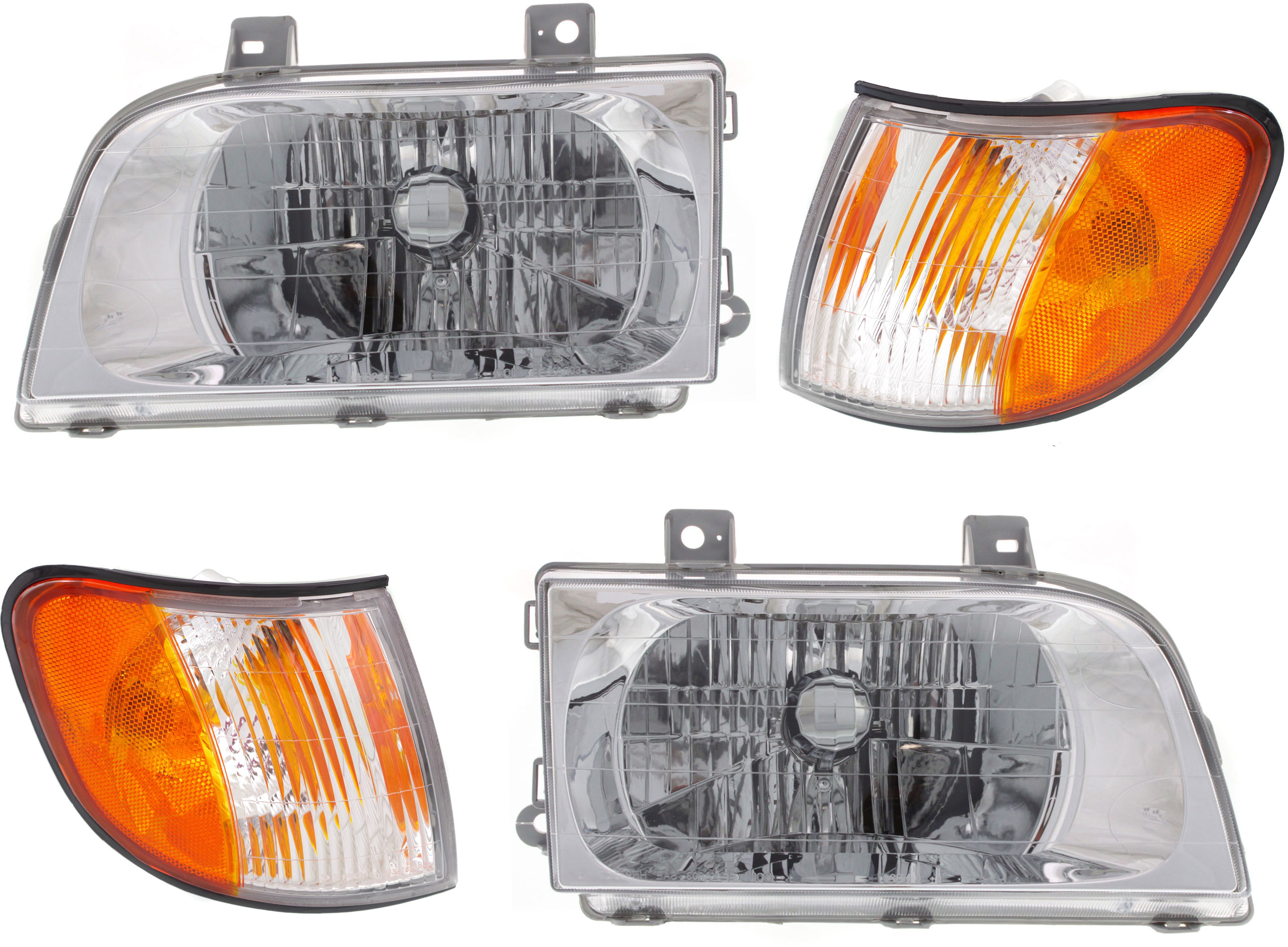 AM SPORTAGE 98-02 HEAD LAMP RH AND LH with Bulbs 4 pc kit with Corner Lights SKU KIT 070518-24 Partslink KI2502104 KI2503104 KI2520105 KI2521105 OEM 0K08A51030B 0K08A51040B 0K08A5