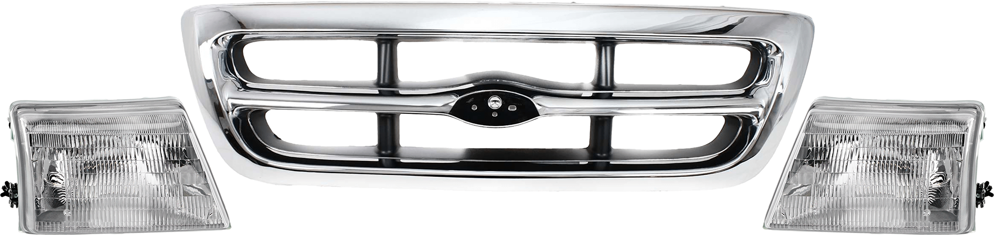 AM RANGER 98-00 GRILLE 3 pc Kit Chrome with Platinum Background w Headlight RWD XLT Model SKU KIT 070524-15 Partslink FO1200340 FO2502151 FO2503151 OEM F87Z8200EAA F87Z13008FB F87Z13