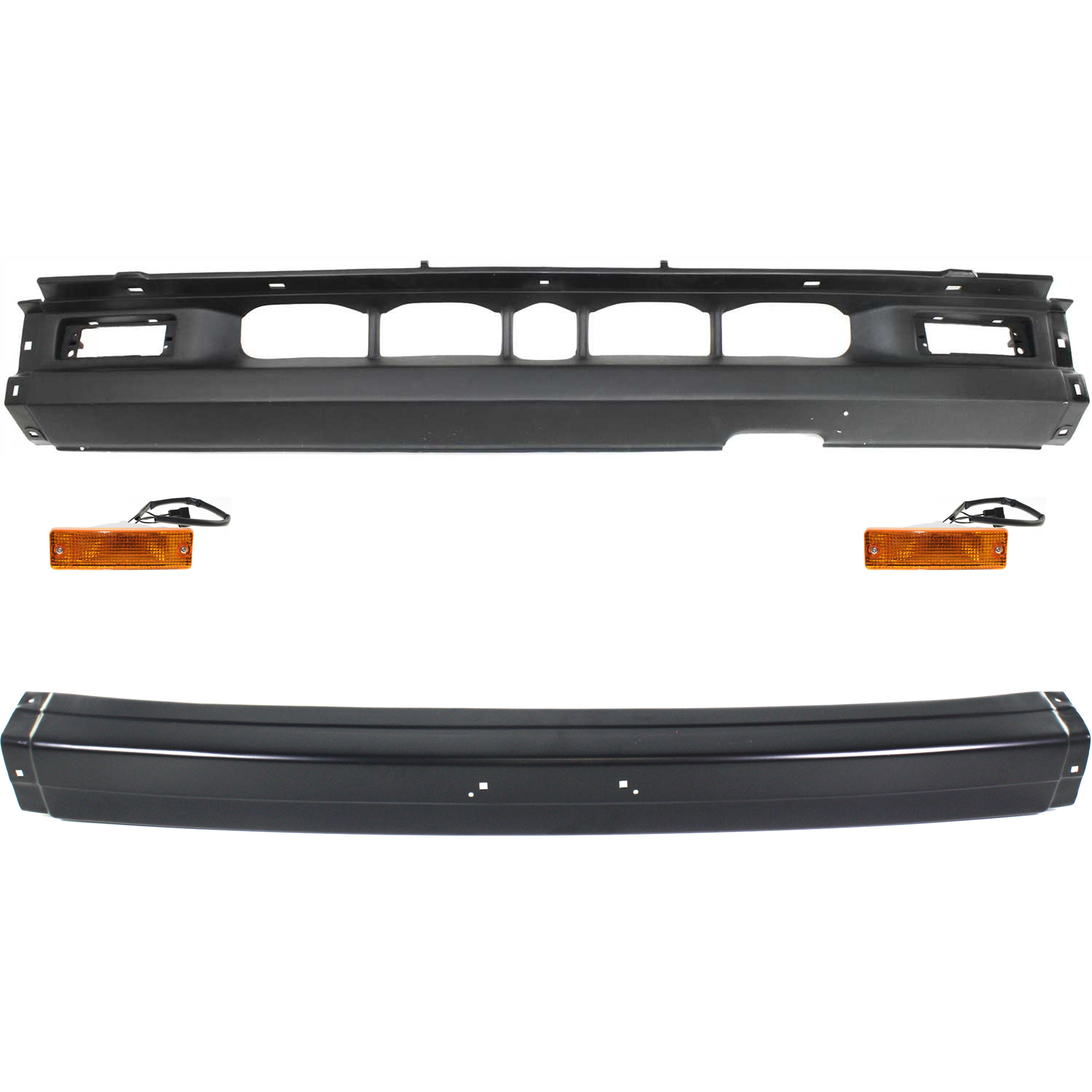 AM B2200 B2600-90-93 FRONT BUMPER Center 4 pc kit Black w o Molding Holes with Turn Signal Light and Valance SKU KIT 070524-16 Partslink MA1002113 MA2531104 MA1095108 OEM UE6050030B BF6751060 UE5550066