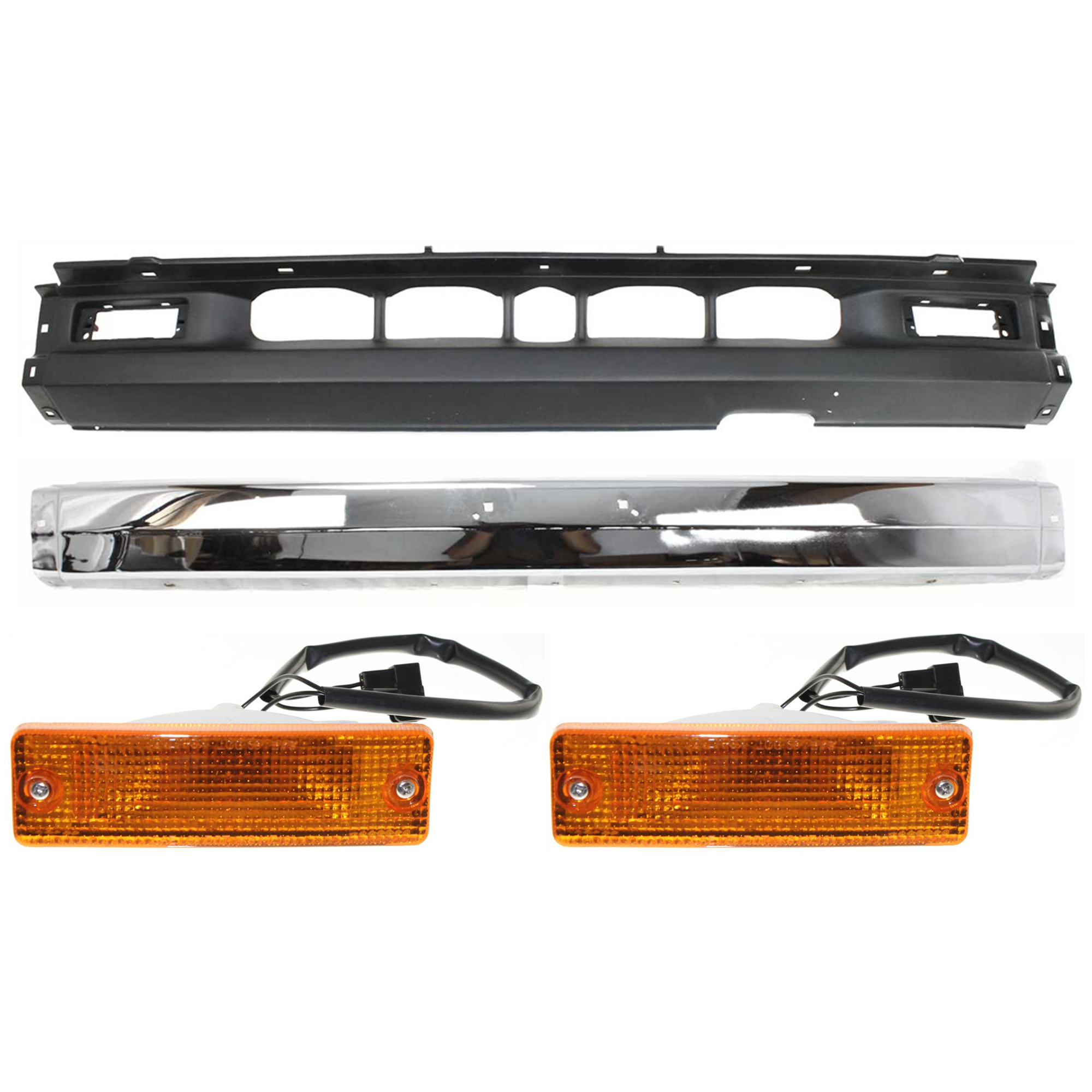 AM B2200 B2600-90-93 FRONT BUMPER Center 4 pc kit Chrome w o Molding Holes with Turn Signal Light and Valance SKU KIT 070524-17 Partslink MA1002129 MA2531104 MA1095108 OEM UE6050030B BF6751060 UE5550066