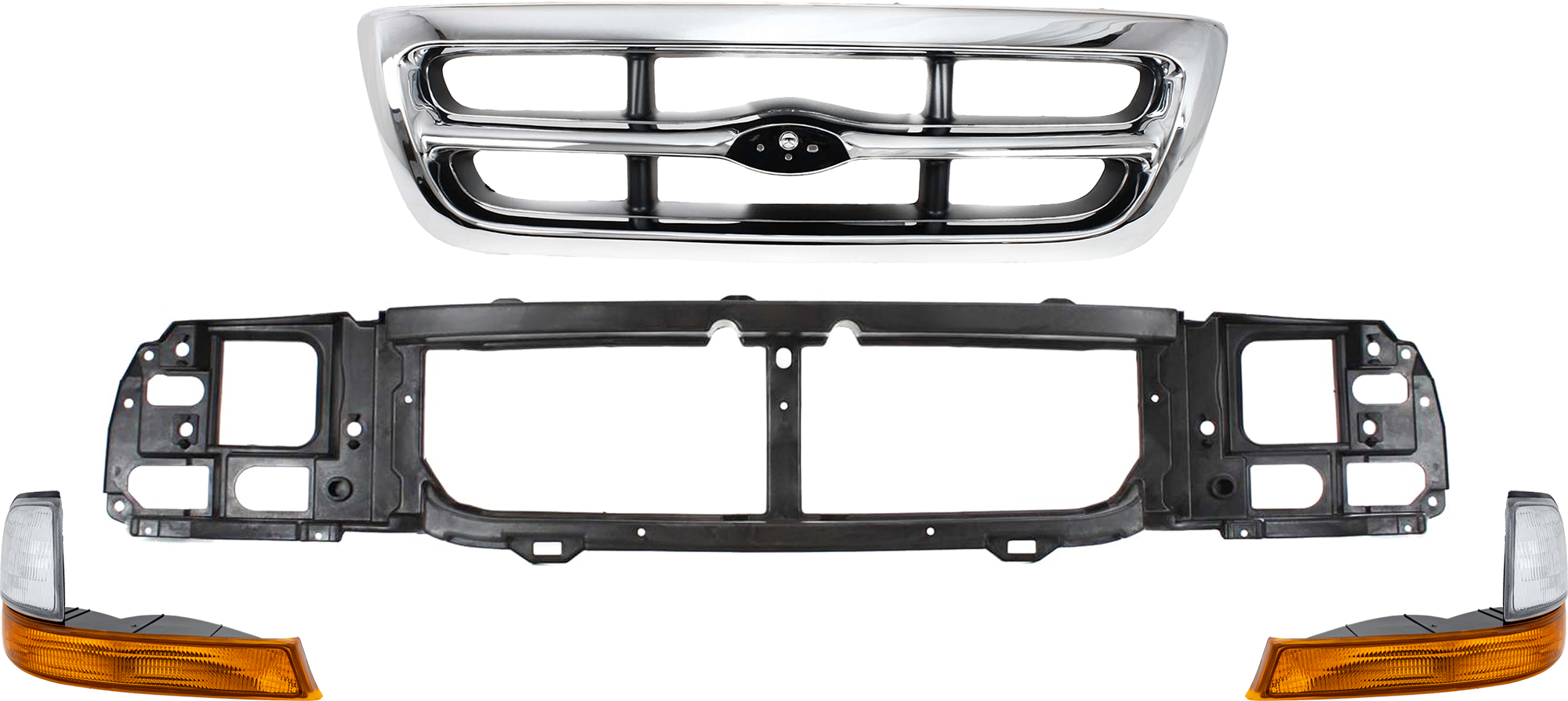 AM RANGER 98-00 GRILLE 4 pc Kit Chrome with Platinum Background w Corner Light and Header Panel RWD XLT Model SKU KIT 070524-20 Partslink FO1200340 FO2520144 FO2521144 FO1220215 OEM F87Z8200EAA F87Z13201BA XL5Z13