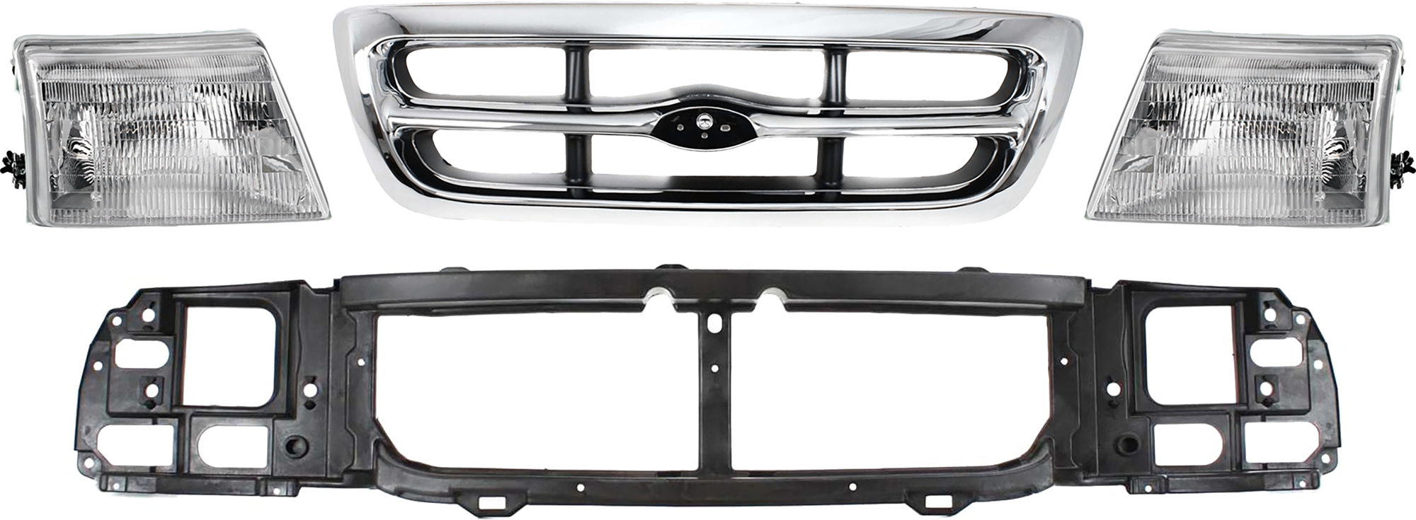 AM RANGER 98-00 GRILLE 4 pc Kit Chrome with Platinum Background w Header Panel and Headlight RWD XLT Model SKU KIT 070524-21 Partslink FO1200340 FO1220215 FO2503151 FO2502151 OEM F87Z8200EAA XL5Z8A284AA F87Z13