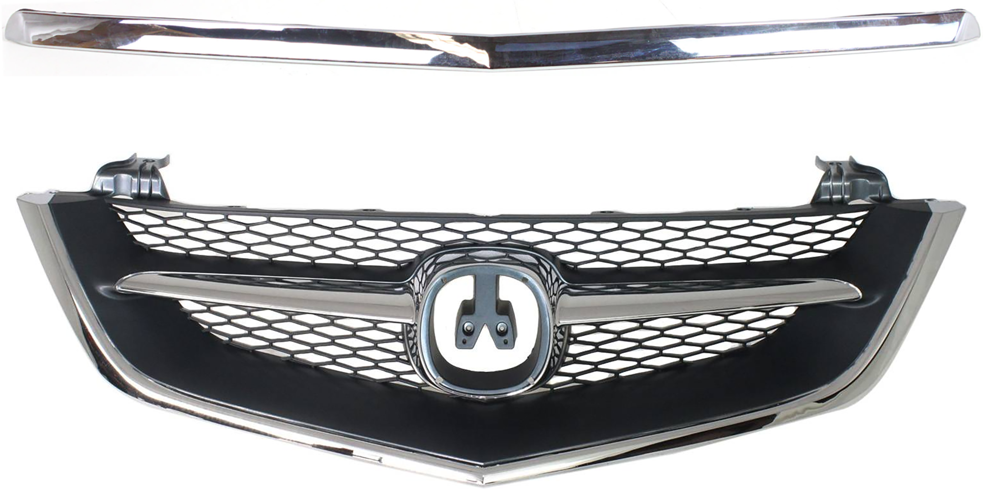 AM TL 02-03 GRILLE 2 pc Kit Chrome Shell Painted Black Insert w Chrome Center Bar with Grille Trim SKU KIT 070524-38 Partslink AC1200107 AC1217100 OEM 75101S0KA02-75120S0KA02