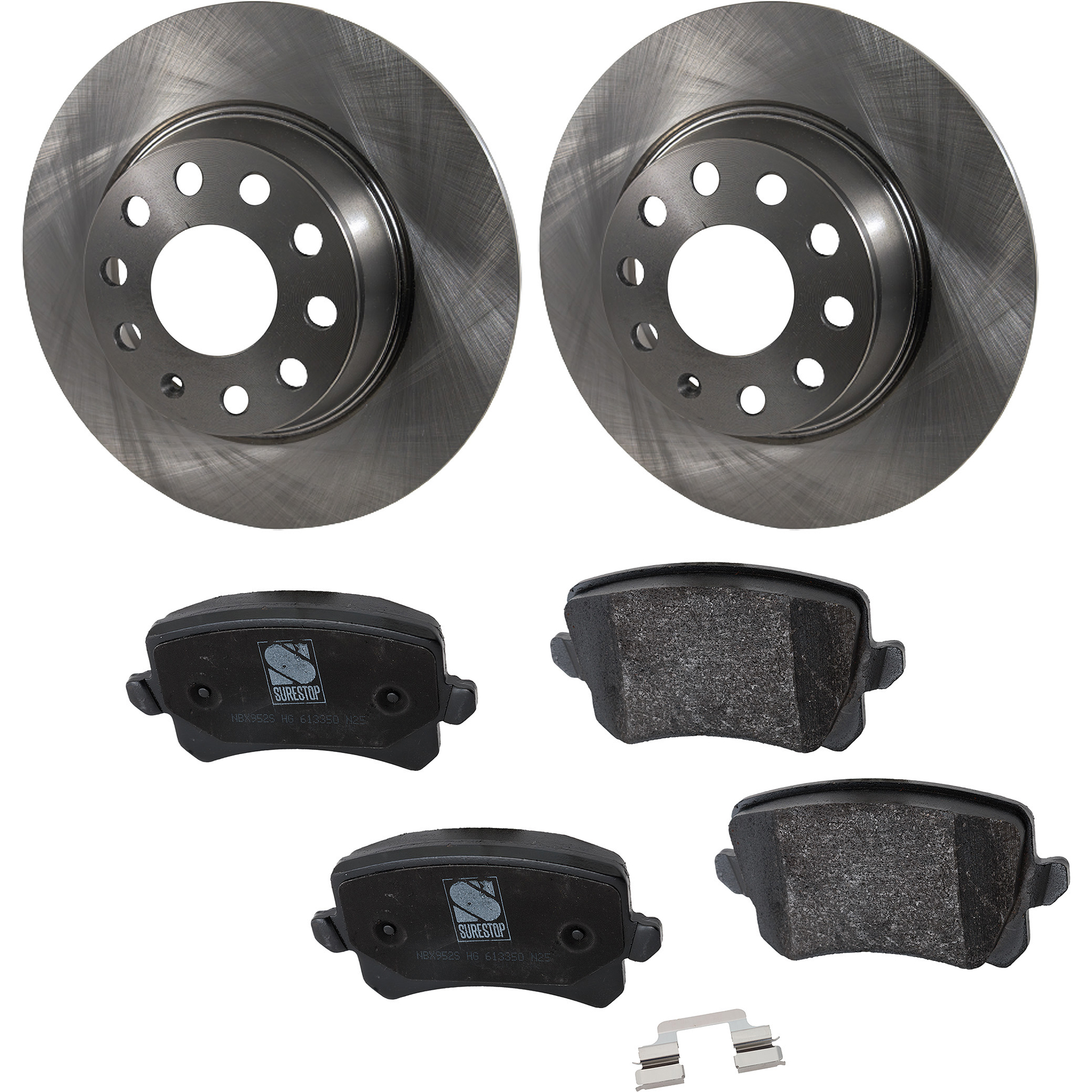 AM CC 09-17 TIGUAN 12-17 REAR BRAKE DISC AND PAD kit 4 pc kit Plain Surface 5 Lugs Cast Iron Organic SKU KIT 070524-81 OEM 34426-45499-850214-34426G 9807