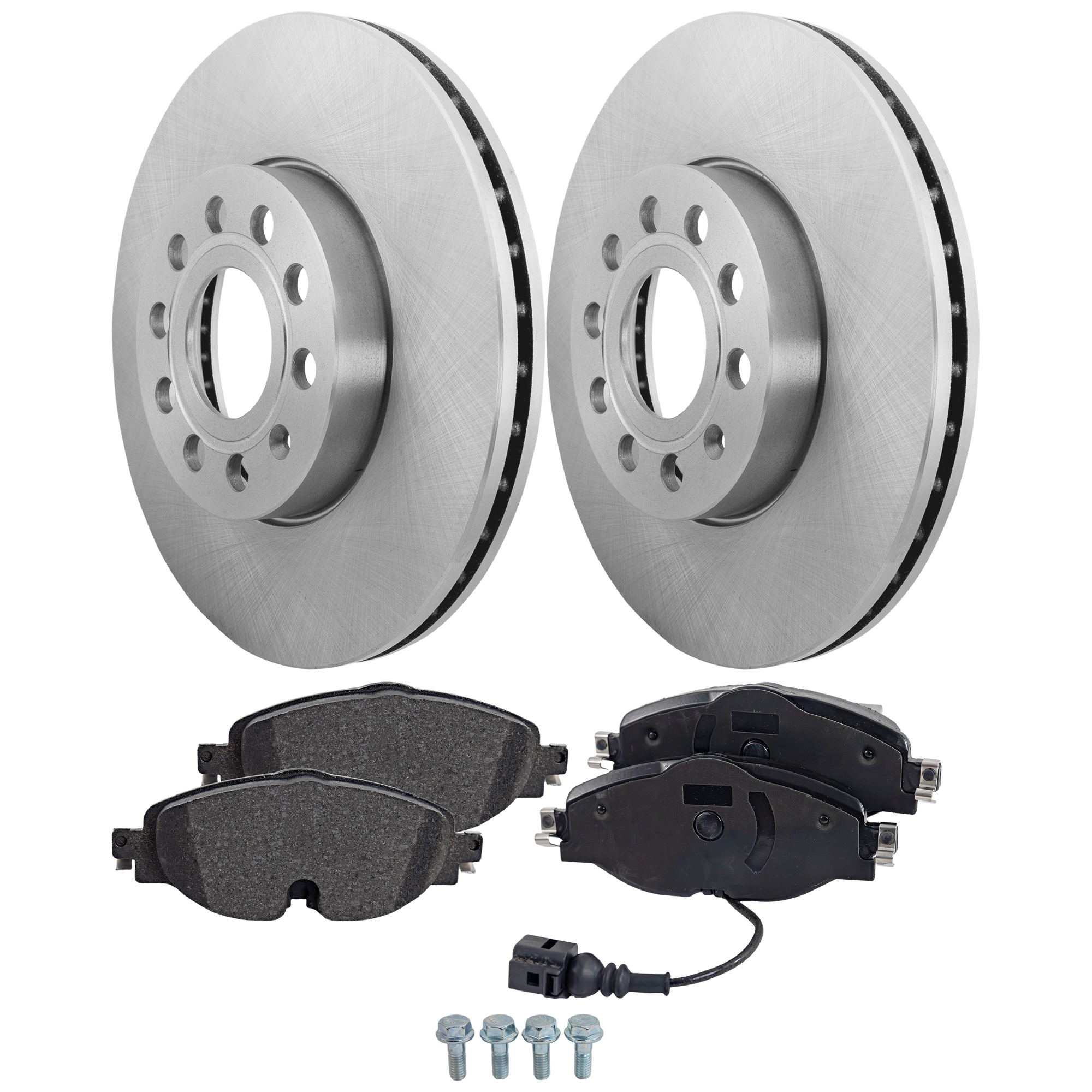 AM JETTA 19-22 GOLF 15-21 FRONT BRAKE DISC AND PAD KIT 2 Wheel Set Plain Surface 5 Lugs Cast Iron Organic SKU KIT 070524-83 OEM 1K0615301T 5C0615301A 1KD61530