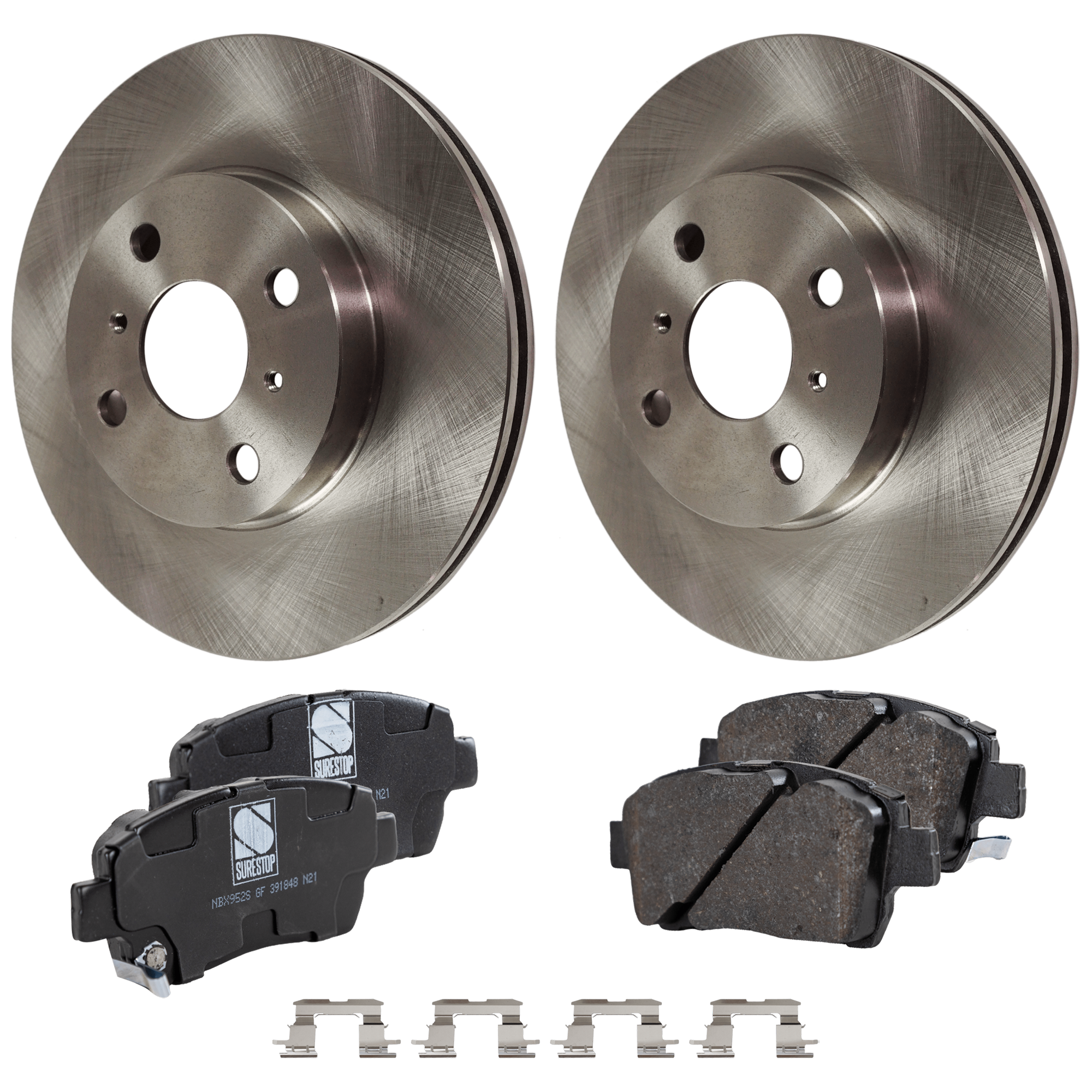 AM ECHO 01-02 MR2 SPYDER 00-01 FRONT BRAKE DISC AND PAD KIT 2 Wheel Set Plain Surface 4 Lugs Cast Iron Organic SKU KIT 070524-85 OEM 4351252040-4351217130-435120D0