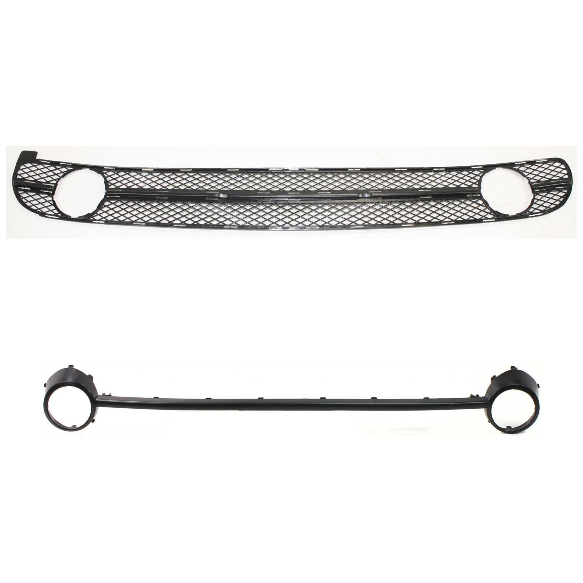 AM BEETLE 98-00 FRONT BUMPER GRILLE 2 pc kit w Bumper Trim Center Mesh Insert Textured Black w Fog Light Hole SKU KIT 070624-277 Partslink VW1200127 VW1044101 OEM 1C0807681C01C 1C0807341GRU