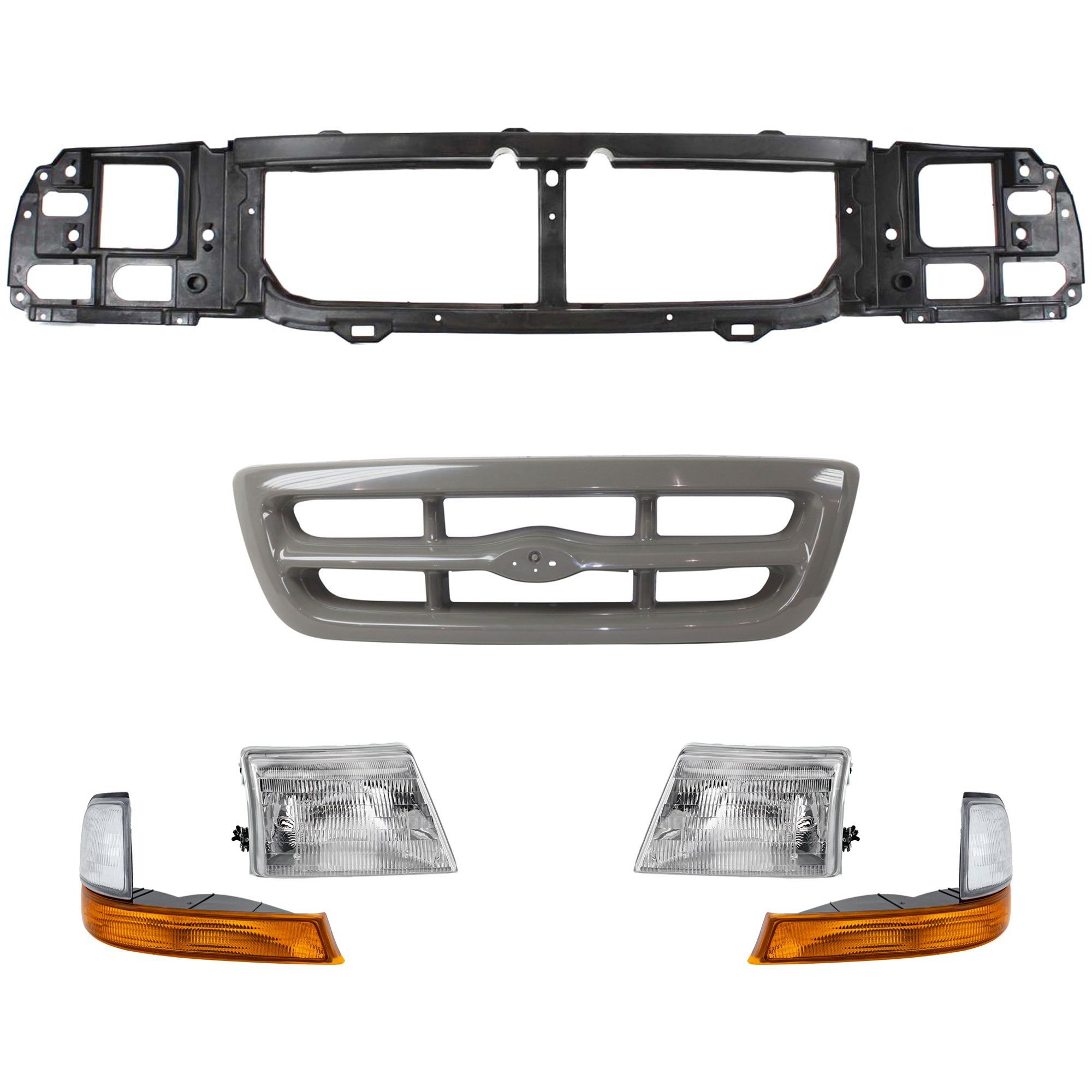 AM RANGER 98-00 HEADER PANEL 6 pc Kit Thermoplastic and Fiberglass with Corner Light Grille Assembly and Headlight SKU KIT 070624-279 Partslink FO1220215 FO2520144 FO2521144 FO1200344 FO2502151 FO2503151 OEM XL5Z8A284AA F87Z13201BA XL5Z13