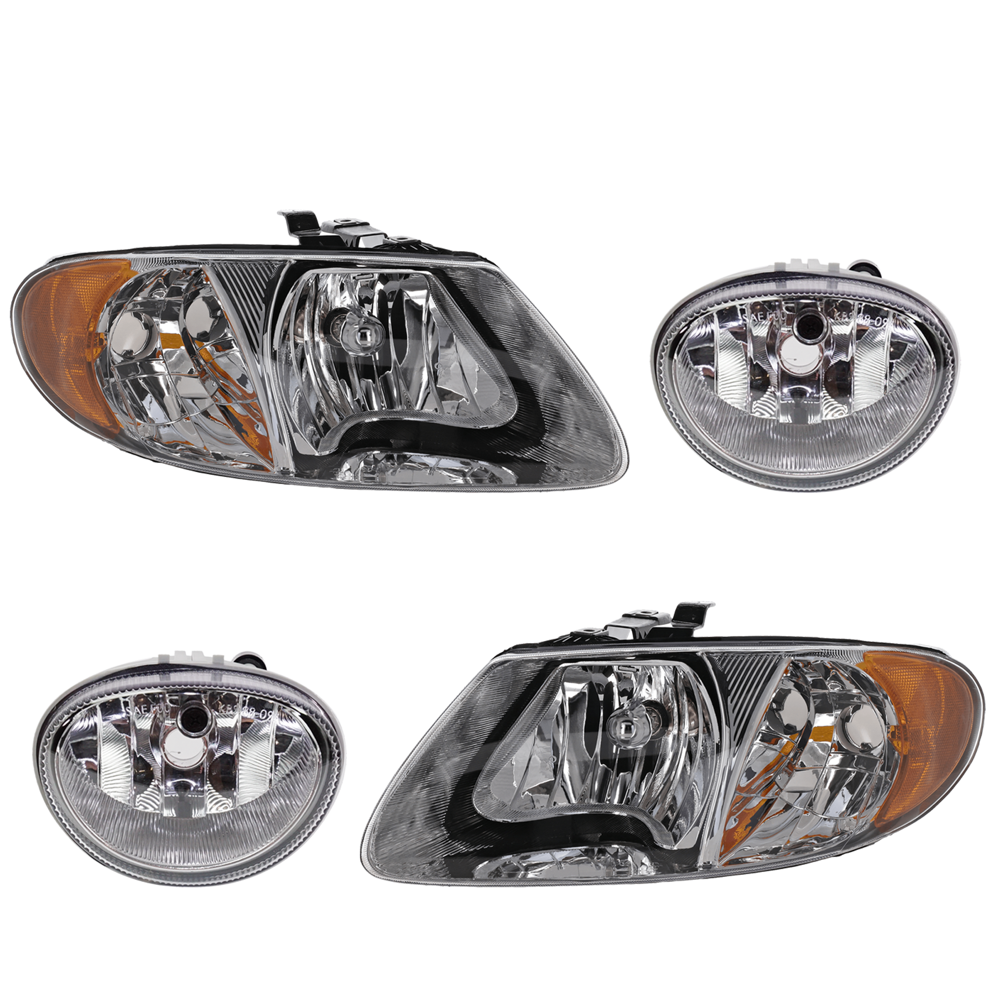 AM CARAVAN GRAND CARAVAN 01-04 HEAD LAMP RH AND LH 4 pc kit Assembly Halogen with Fog Light SKU KIT 070624-281 Partslink CH2590108 OEM 4857700AC PFM 4857701AC PFM 48
