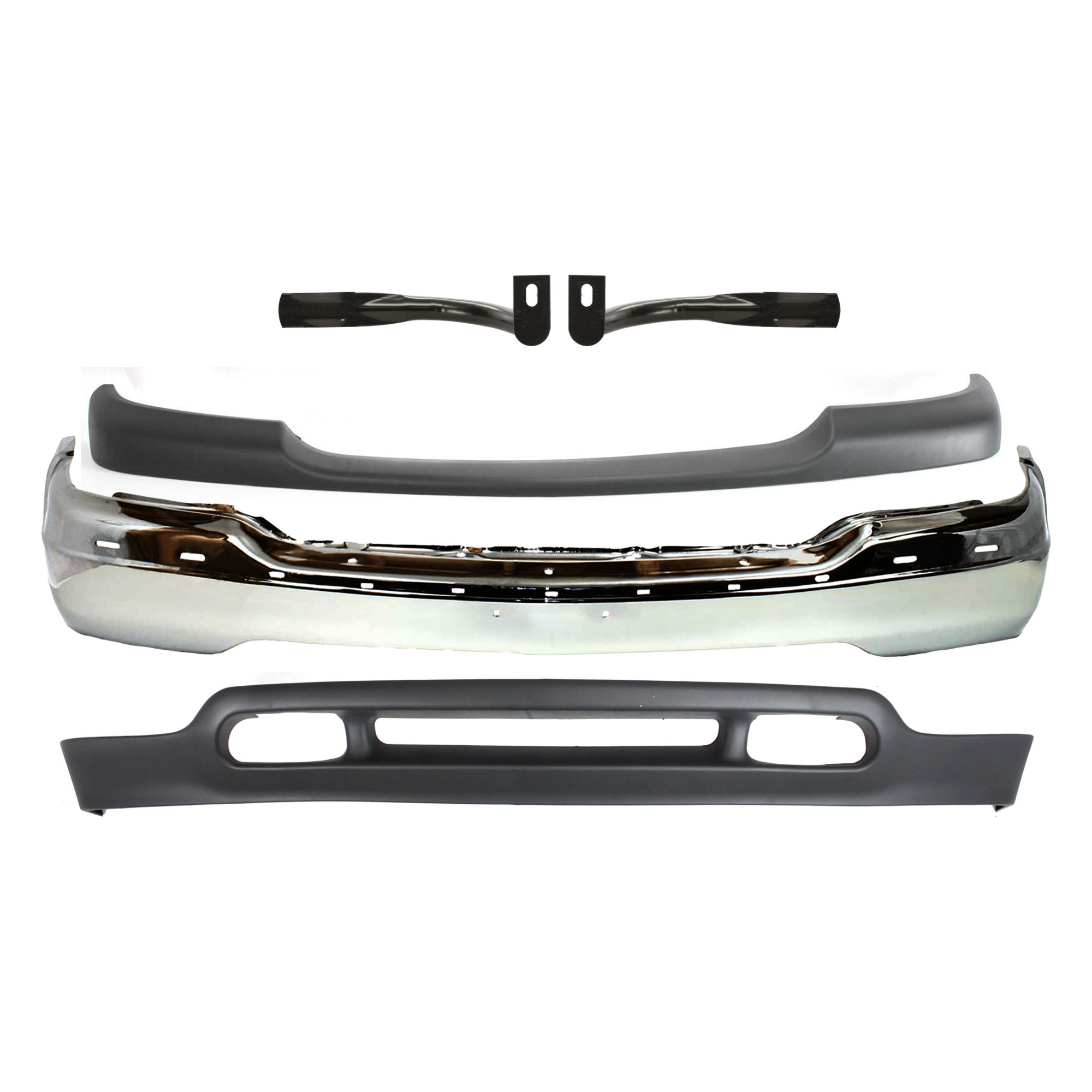 AM YUKON YUKON XL 1500-00-06 BUMPER 5 pc kit Chrome w o Air holes w o Bracket with Bumper Bracket Bumper Trim and Valance SKU KIT 070624-288 Partslink GM1002835 GM1067129 GM1066129 GM1051105 GM1092171 OEM 15758072 PFM 15705658-15705657