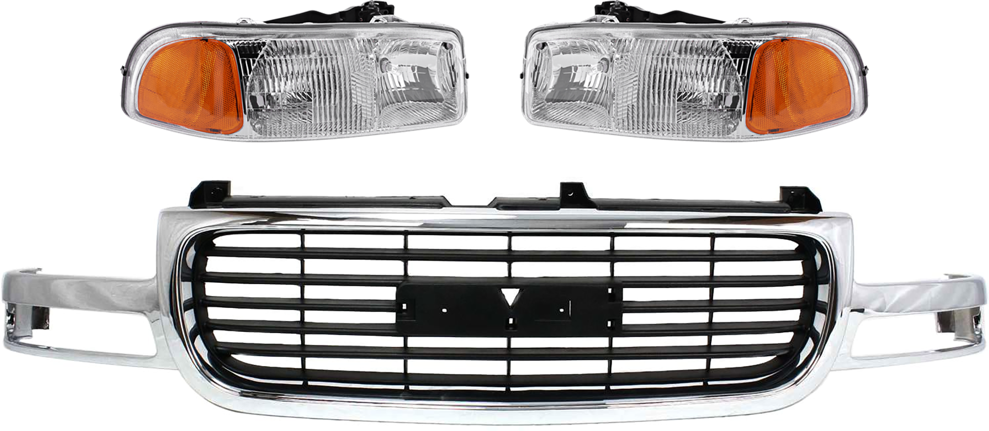 AM YUKON YUKON XL 1500-00-06 GRILLE 3 pc Kit Chrome Shell Painted Black Insert Exc. C3 Denali Models with Headlight SKU KIT 070624-290 Partslink GM1200430 GM2503188 GM2502188 OEM 19130787-15850352-15850351
