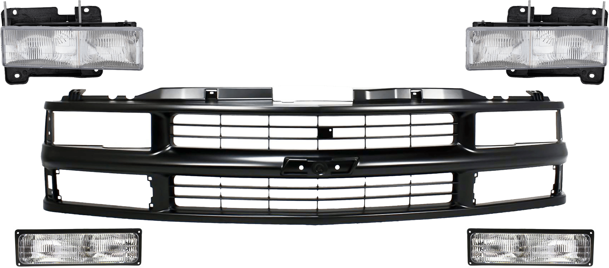 AM C2500 C3500-94-00 GRILLE 5 pc Kit Painted Black Shell and Insert w Headlight and Turn Signal Light SKU KIT 070624-292 Partslink GM1200239 GM2503101 GM2502101 GM2521128 GM2520128 OEM 15981092-15034930-15034929-597