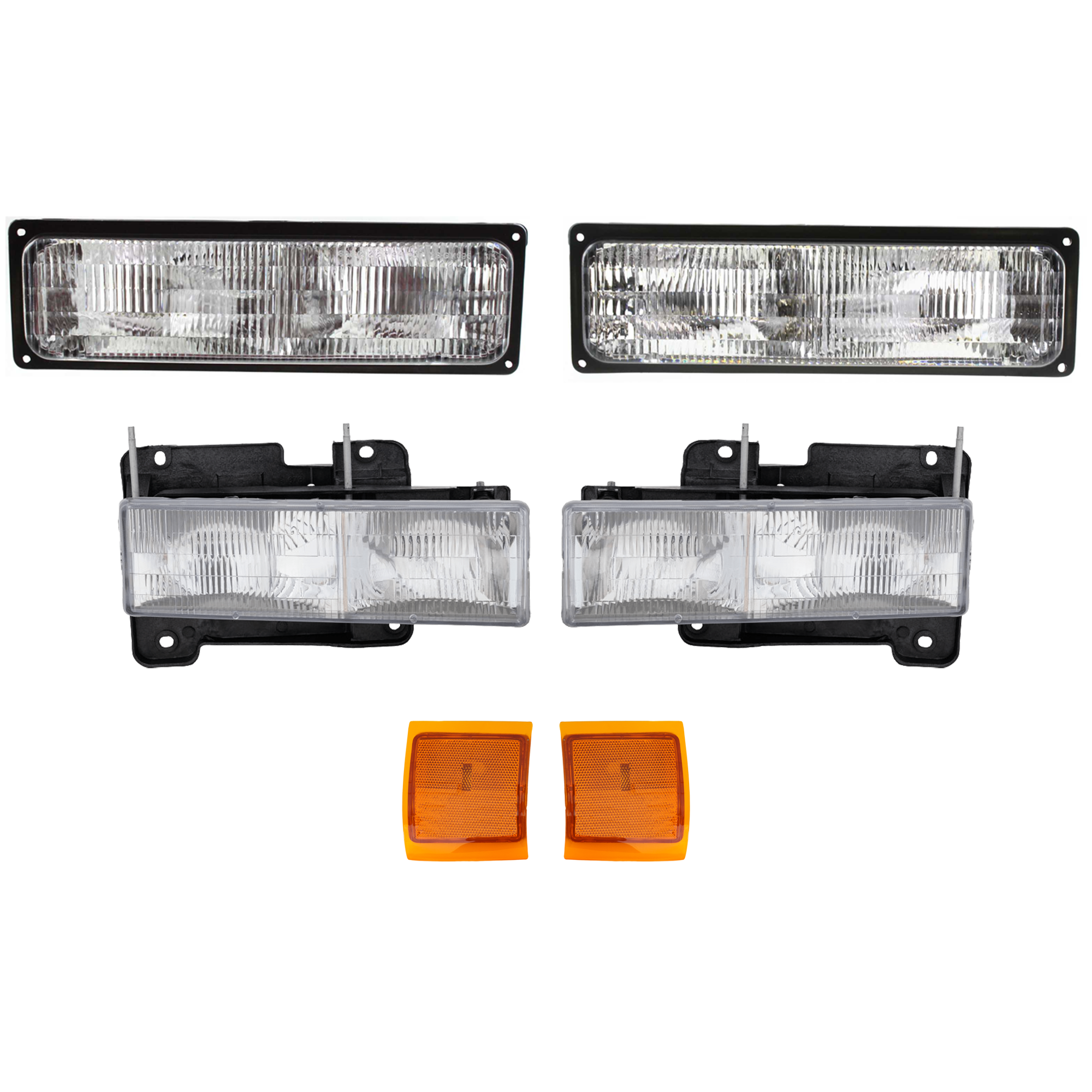 AM C2500 C3500-94-00 HEAD LAMP RH AND LH 6 pc kit Assembly Halogen with Side Marker and Turn Signal Light SKU KIT 070624-293 Partslink GM2502101 GM2503101 GM2550144 GM2551144 GM2520128 GM2521128 OEM 15034929-15034930-5977737-5977