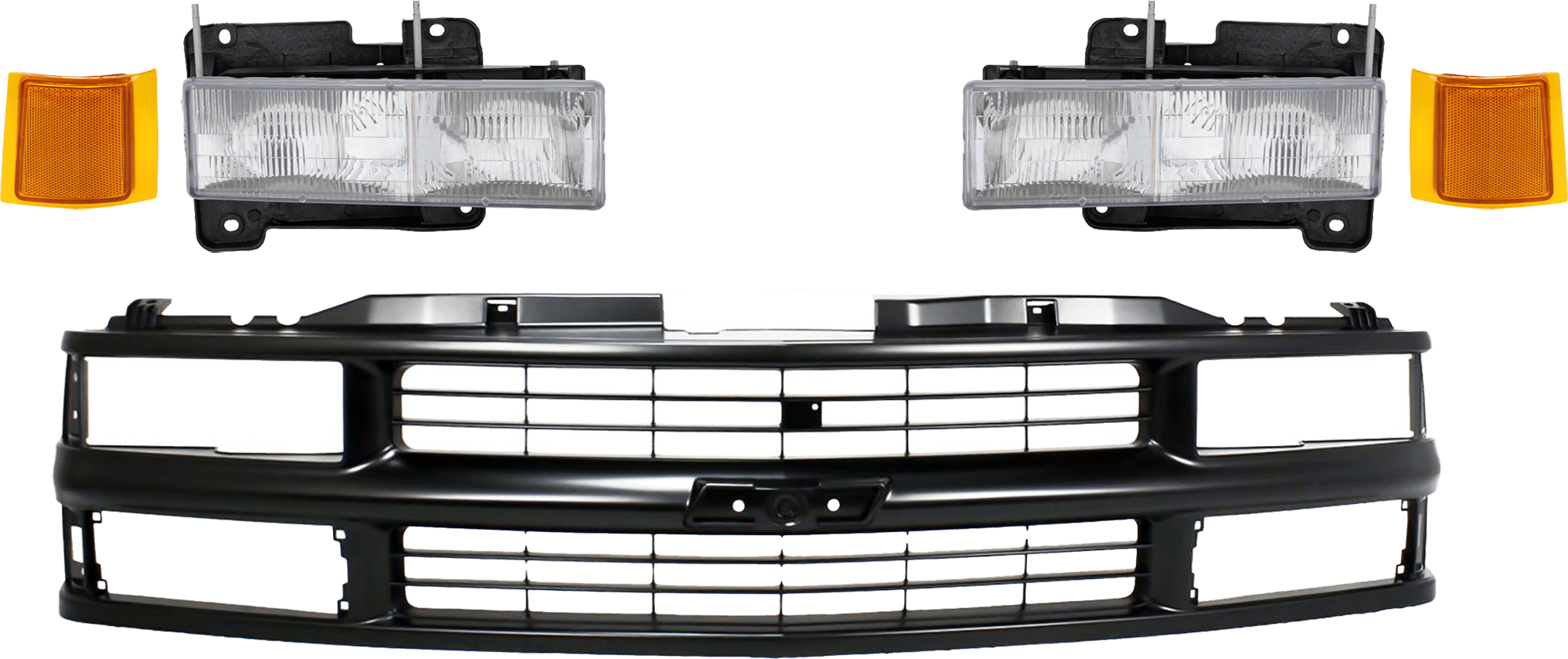 AM C2500 C3500-94-00 GRILLE 5 pc Kit Cross Bar Insert Painted Black Shell and Insert with Headlight and Reflector SKU KIT 070624-294 Partslink GM1200239 GM2502101 GM2503101 GM2550143 GM2551143 OEM 15981092-15034929-15034930-597