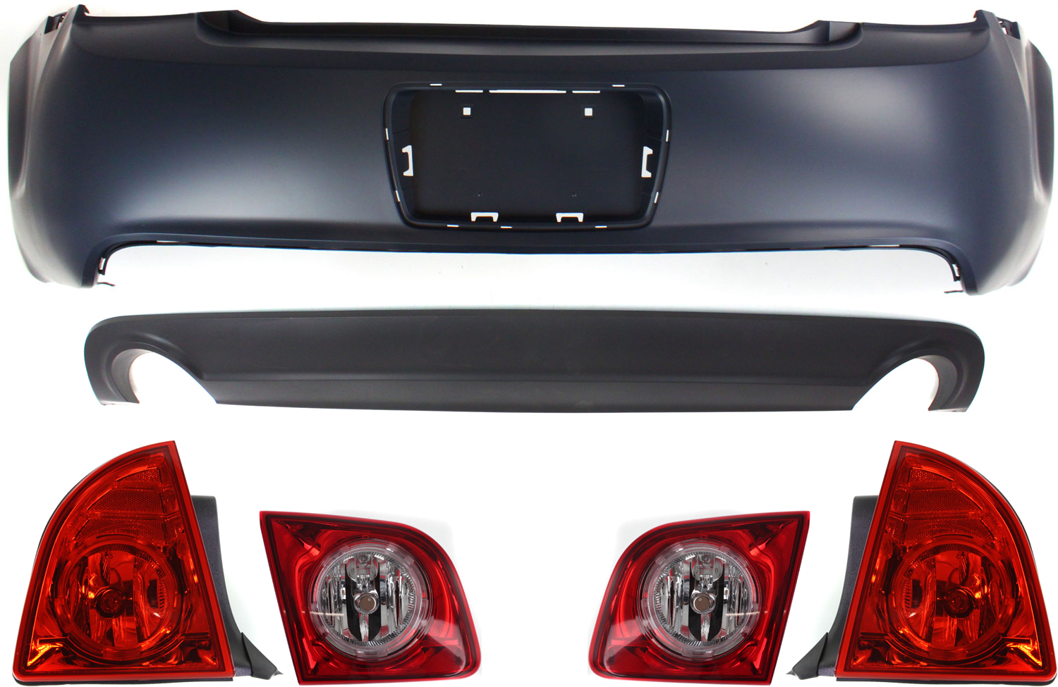 AM MALIBU 08-12 TAIL LAMP RH AND LH Inner and Outer Assembly Halogen 6 pc Kit with Bumper Cover and Valance SKU KIT 070917-73 Partslink GM2800224 GM2801224 GM2882109 GM2883109 GM1100816 GM1195111 OEM 15271120-15271121-20914363-209