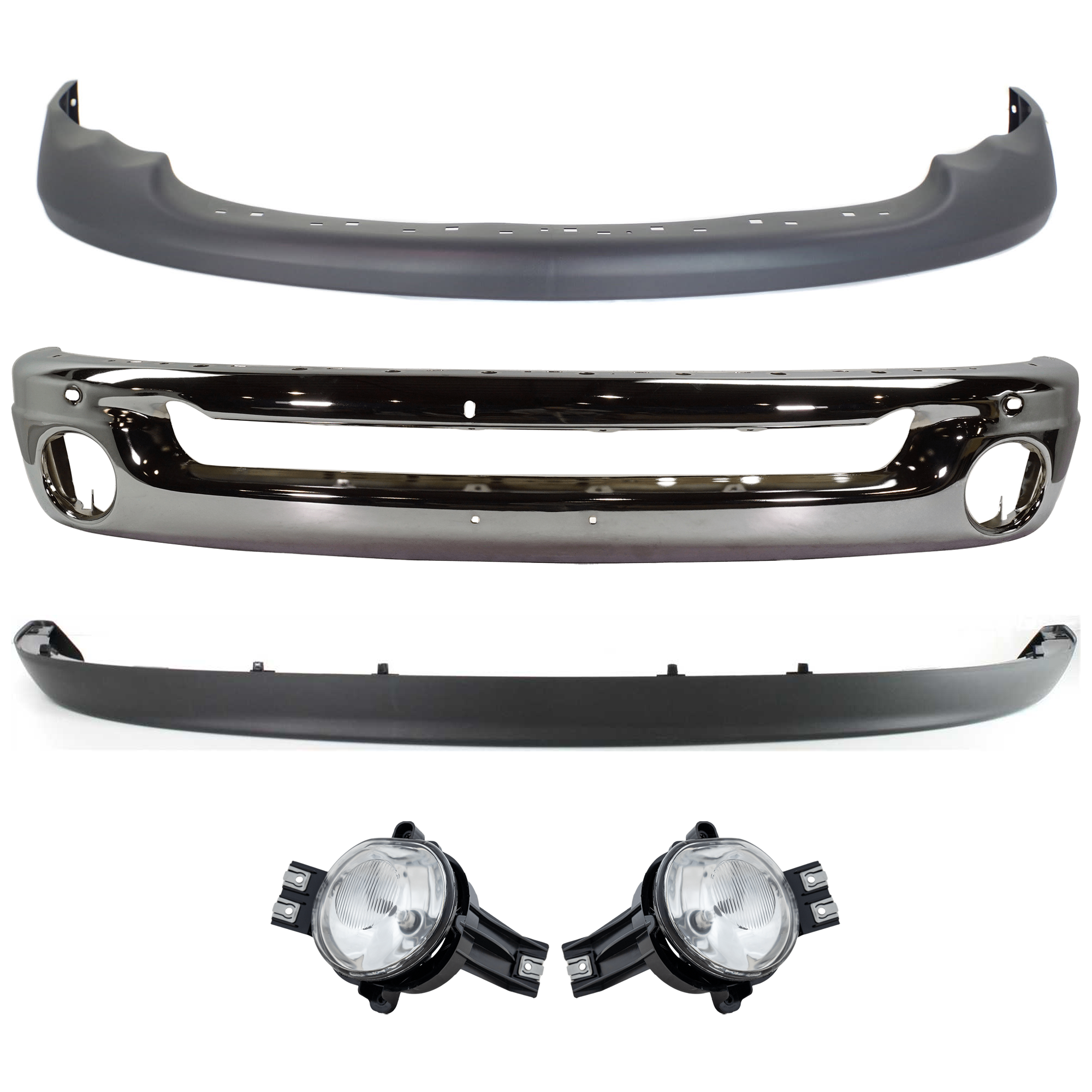 AM DODGE RAM FULL SIZE PICKUP 02-05 FRONT BUMPER 5 pc kit Face Bar Steel Chrome with Fog Light and Valance SKU KIT 070924-03 Partslink CH1002383 CH2593121 CH2592121 CH1090125 CH1000411 OEM 55077946AB 55077474AE 55077475
