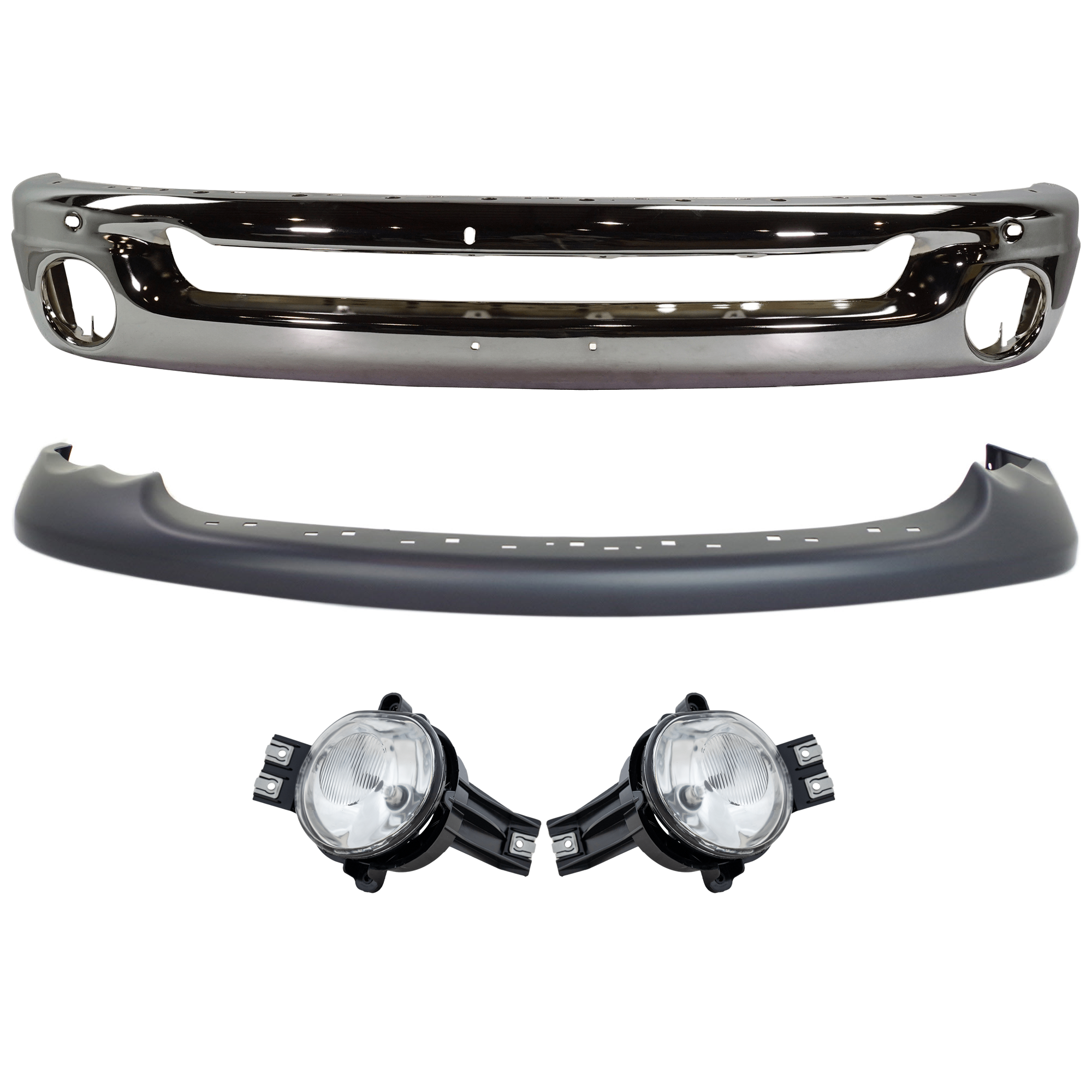 AM DODGE RAM FULL SIZE PICKUP 02-05 FRONT BUMPER 4 pc kit Face Bar Steel Chrome with Fog Light and Valance SKU KIT 070924-04 Partslink CH1002383 CH2593121 CH2592121 CH1000338 OEM 55077946AB 55077474AE 55077475