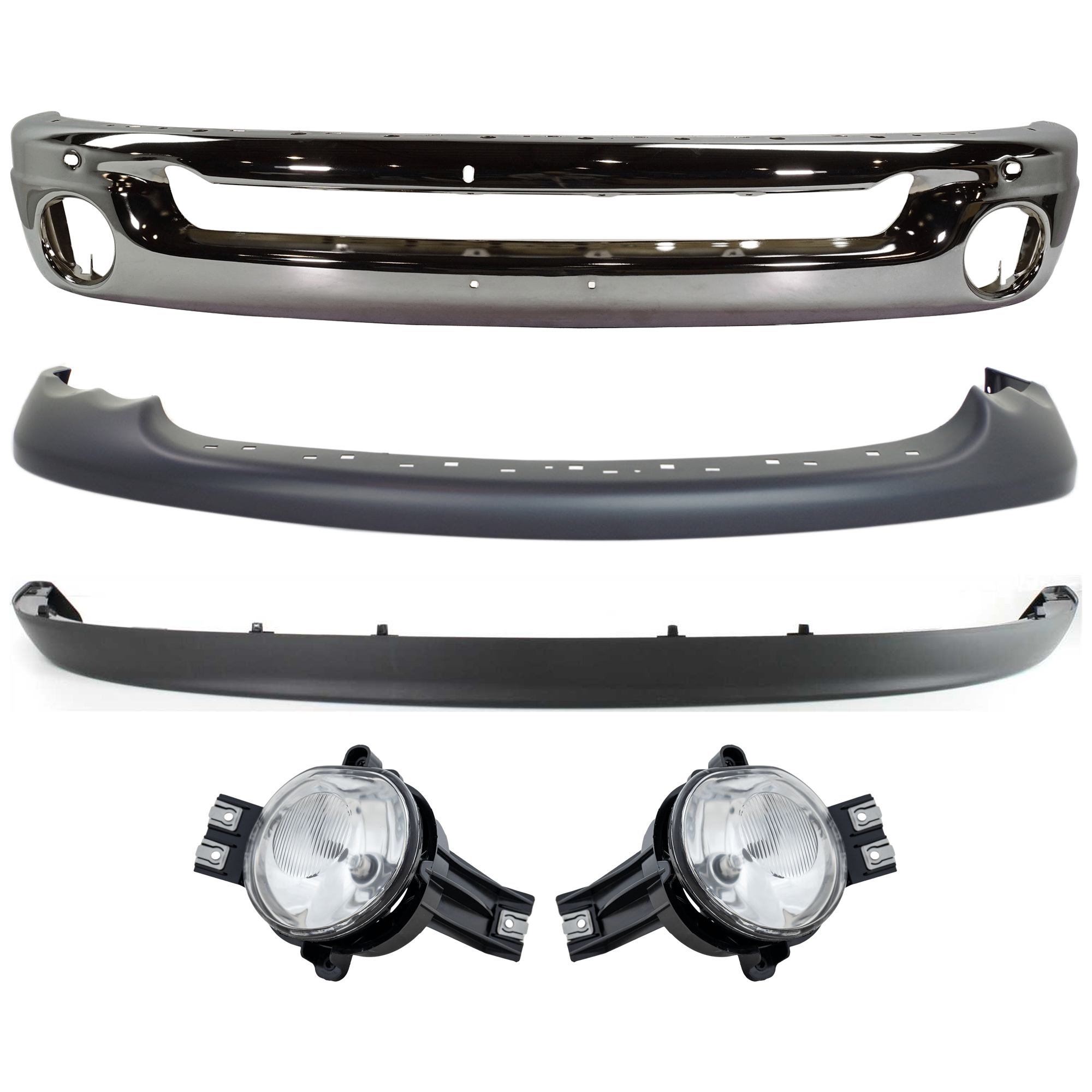 AM DODGE RAM FULL SIZE PICKUP 02-05 FRONT BUMPER 5 pc kit Face Bar Steel Chrome with Fog Light and Valance SKU KIT 070924-05 Partslink CH1002383 CH2593121 CH2592121 CH1090125 CH1000338 OEM 55077946AB 55077474AE 55077475