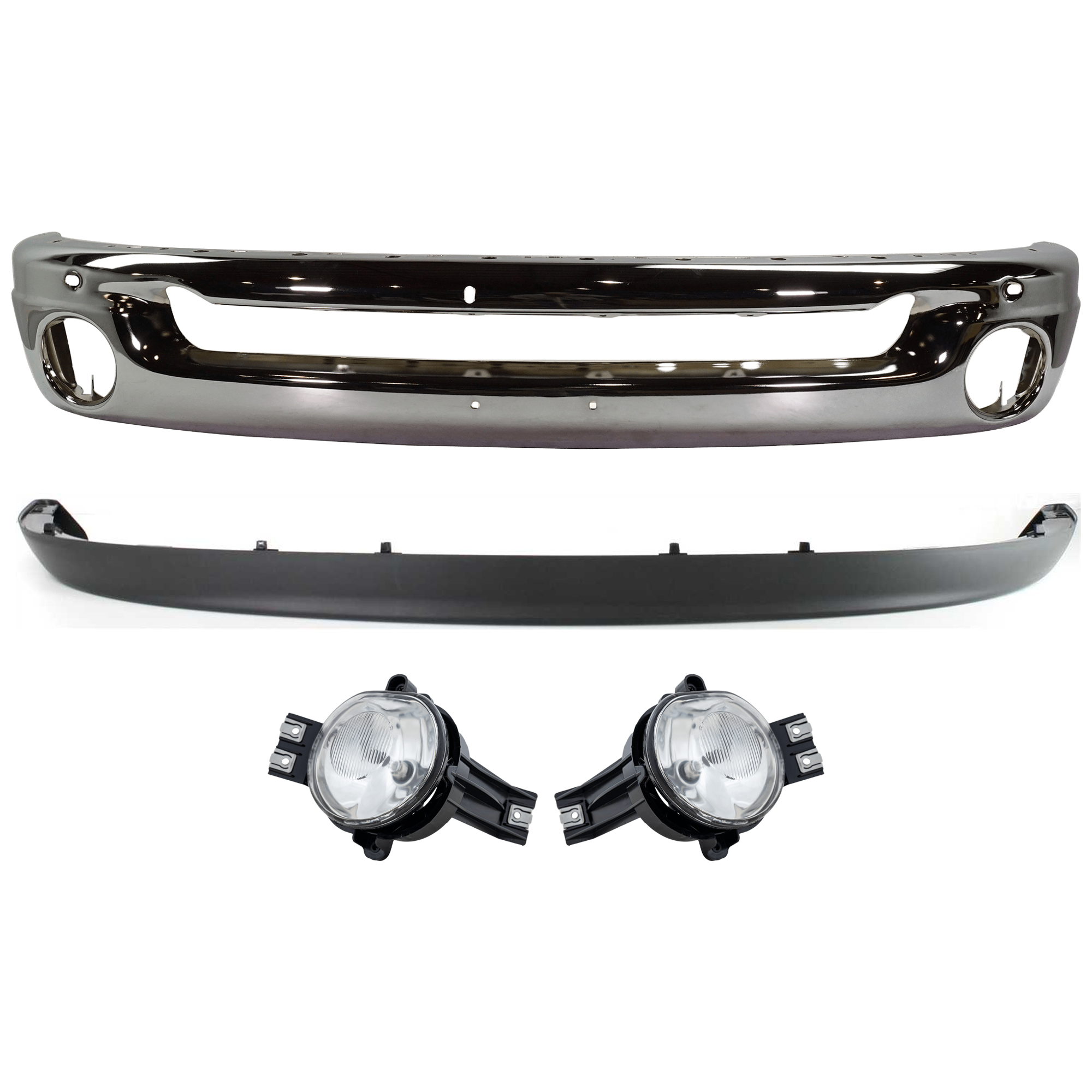 AM DODGE RAM FULL SIZE PICKUP 02-09 FRONT BUMPER 4 pc kit Face Bar Steel Chrome with Fog Light and Valance SKU KIT 070924-06 Partslink CH1002383 CH2593121 CH2592121 CH1090125 OEM 55077946AB 55077474AE 55077475