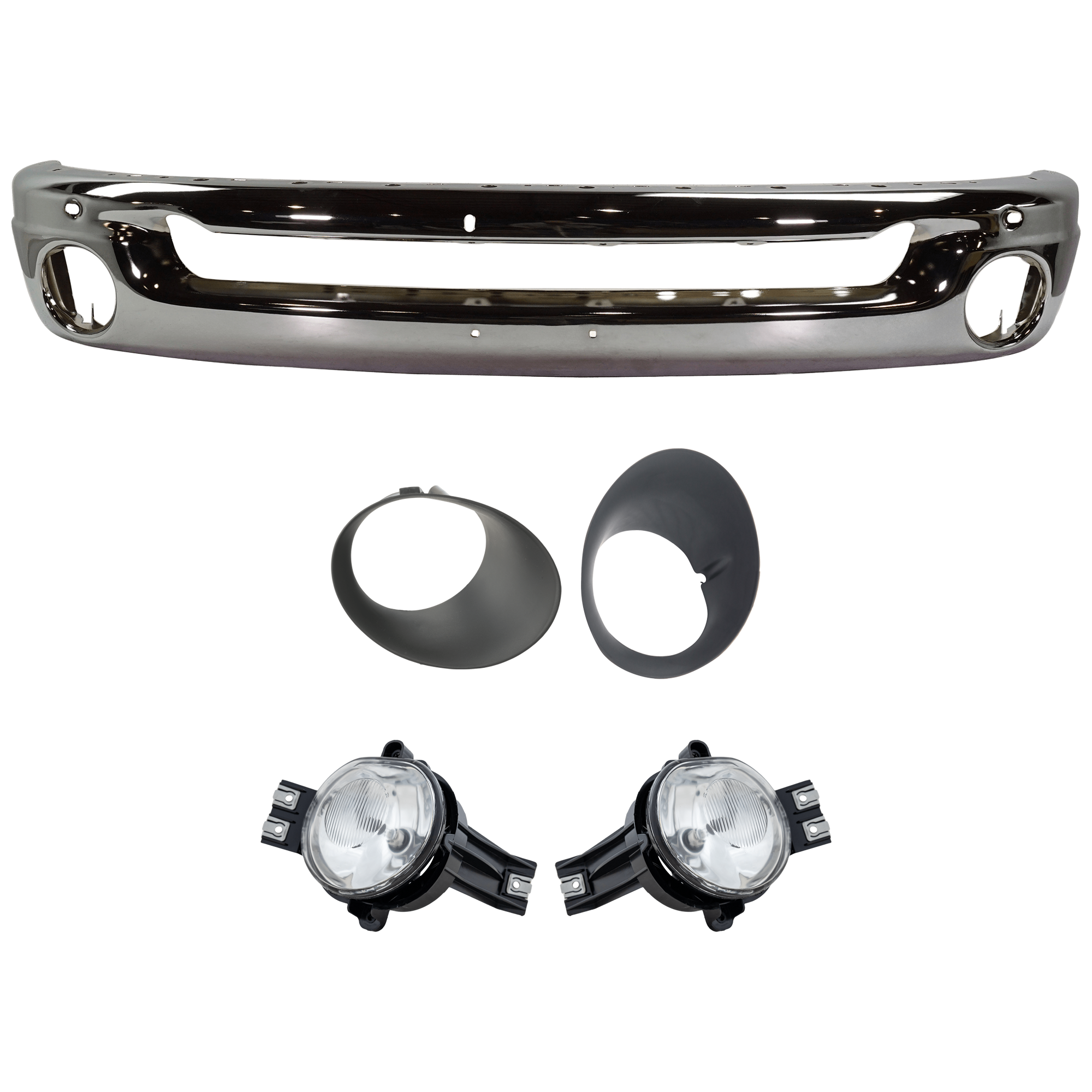 AM DODGE RAM FULL SIZE PICKUP 02-09 FRONT BUMPER 5 pc kit Face Bar Steel Chrome with Fog Light and Fog Light Trim SKU KIT 070924-07 Partslink CH1002383 CH2593121 CH2592121 CH2598101 CH2599101 OEM 55077946AB 55077474AE 55077475