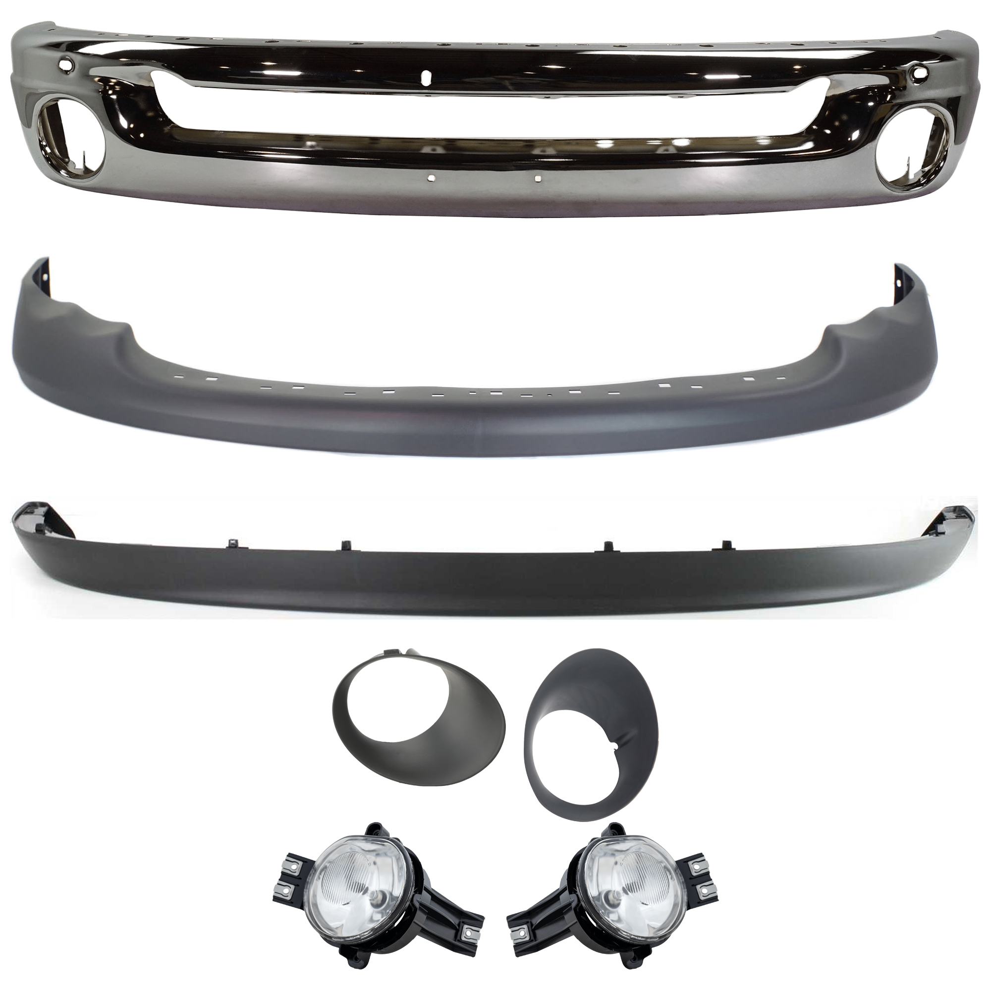 AM DODGE RAM FULL SIZE PICKUP 02-05 FRONT BUMPER 7 pc kit Face Bar Steel Chrome with Valance Fog Light and Fog Light Trim SKU KIT 070924-09 Partslink CH1002383 CH2593121 CH2592121 CH2599101 CH2598101 CH1090125 CH1000411 OEM 55077946AB 55077474AE 55077475