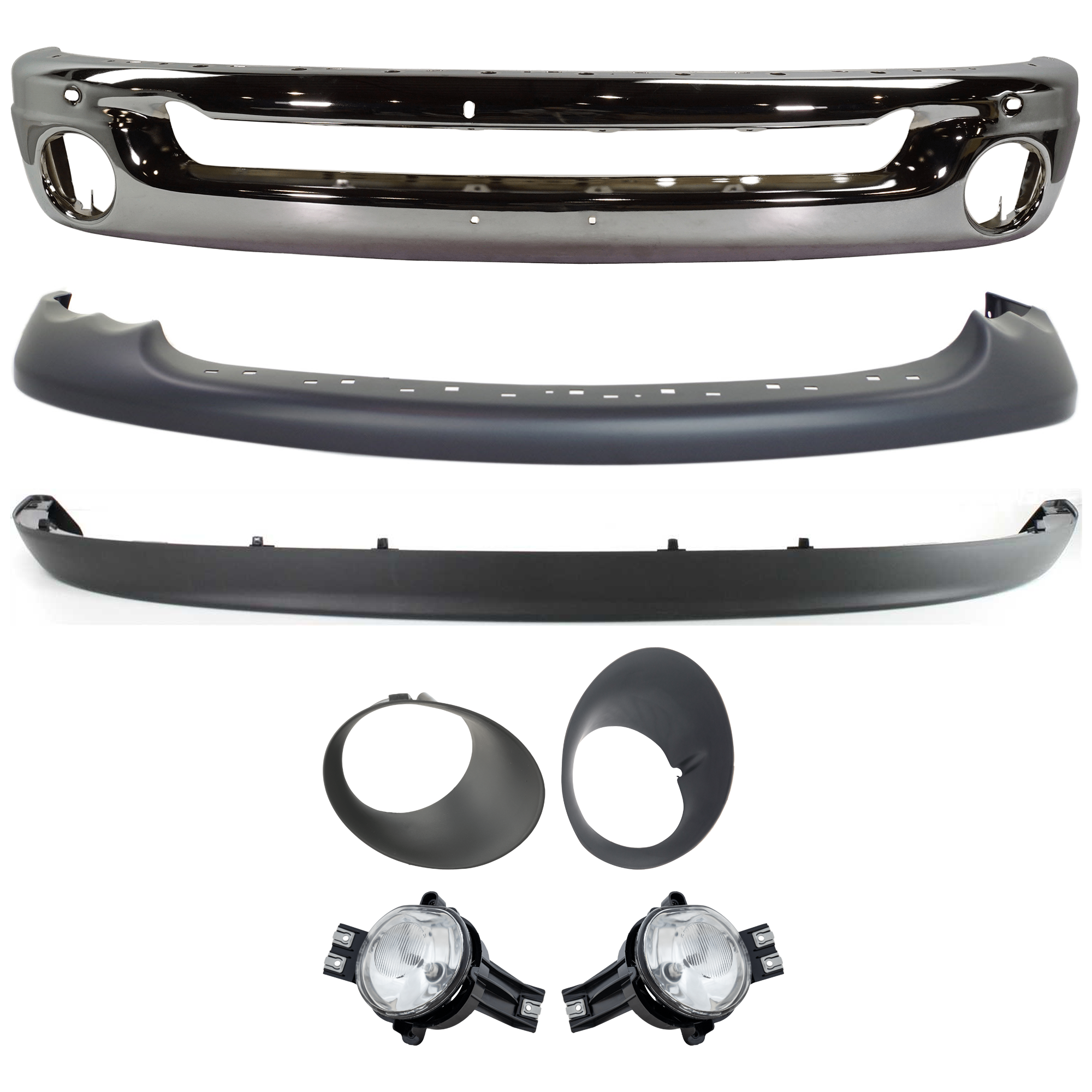 AM DODGE RAM FULL SIZE PICKUP 02-05 FRONT BUMPER 7 pc kit Face Bar Steel Chrome with Fog Light Fog Light Trim and Valance SKU KIT 070924-10 Partslink CH1002383 CH2593121 CH2592121 CH2599101 CH2598101 CH1090125 CH1000338 OEM 55077946AB 55077474AE 55077475