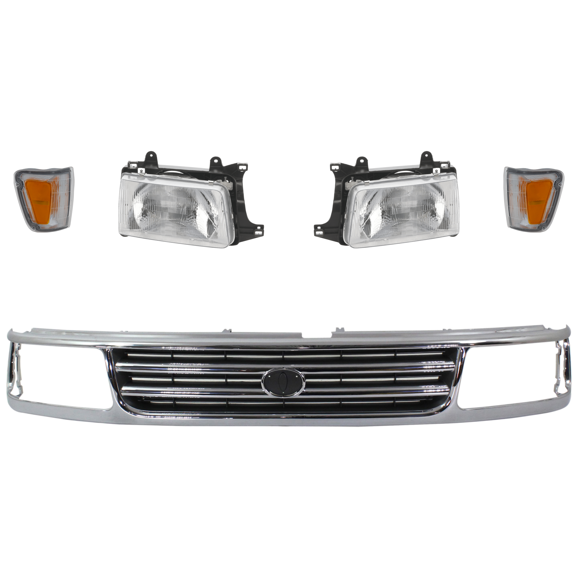 AM T100-93-98 HEADLIGHT RH AND LH 5 pc kit Assembly Halogen with Corner Light and Grille Assembly SKU KIT 070924-16 Partslink TO2502119 TO2503119 TO2521140 TO2520140 TO1200192 OEM 8111034010-8115034010-81610340
