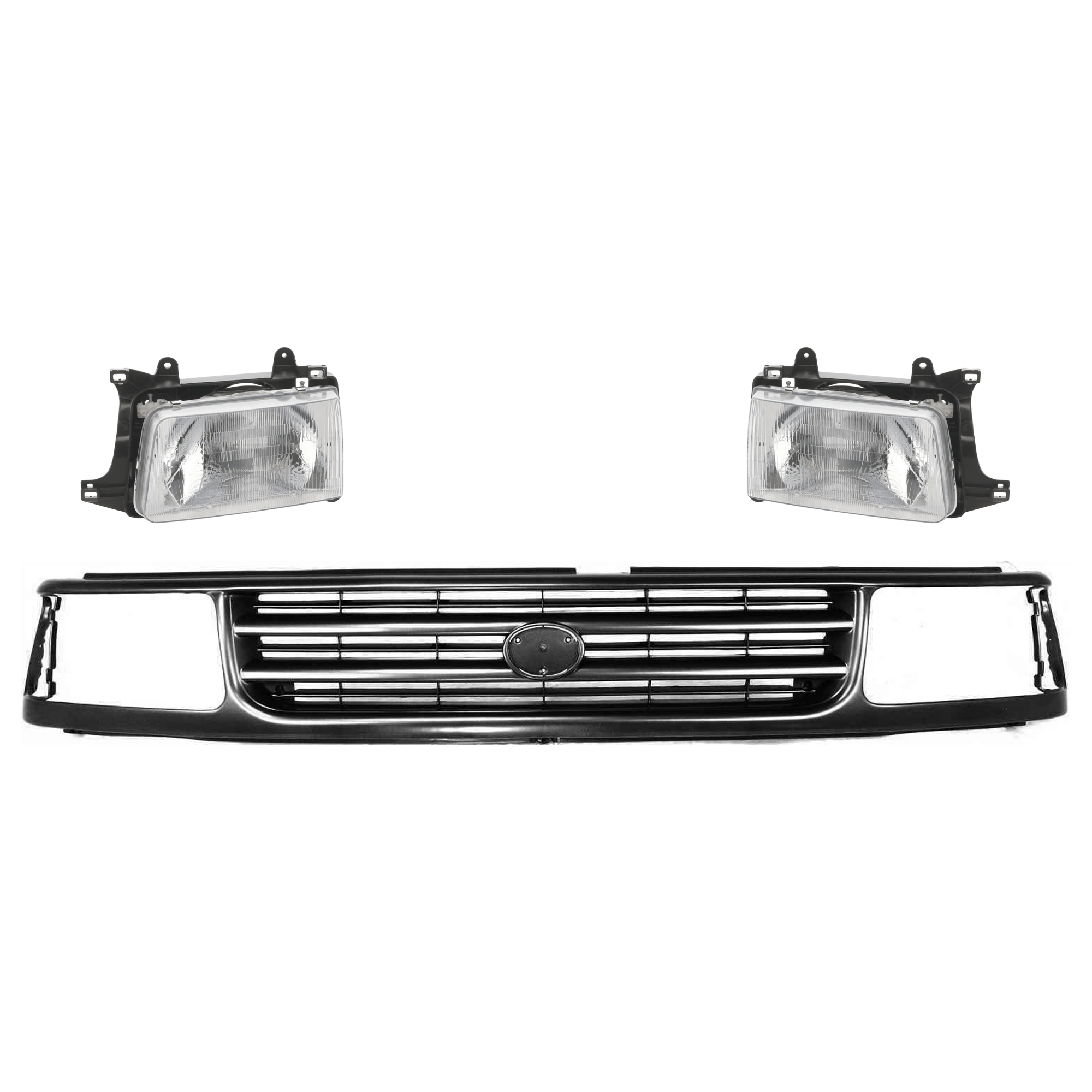 AM T100-93-98 HEADLIGHT RH AND LH 3 pc kit Assembly Halogen with Grille Assembly SKU KIT 070924-17 Partslink TO2502119 TO2503119 TO1200191 OEM 8111034010-8115034010-53111340