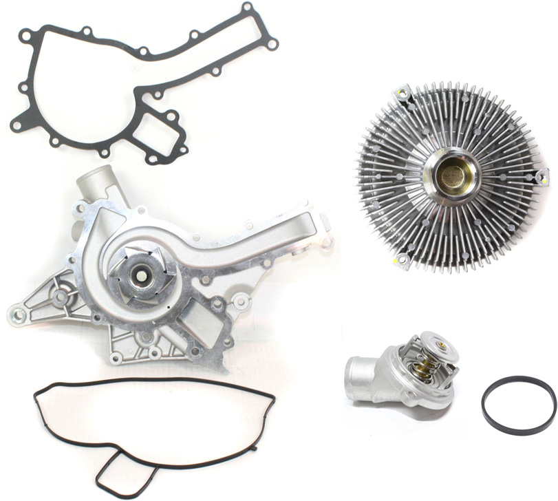 AM C280-98-00 E320-98-03 WATER PUMP 3 pc Kit w Fan Clutch Water Outlet SKU KIT 071017-14 OEM 1122001501-1122030275